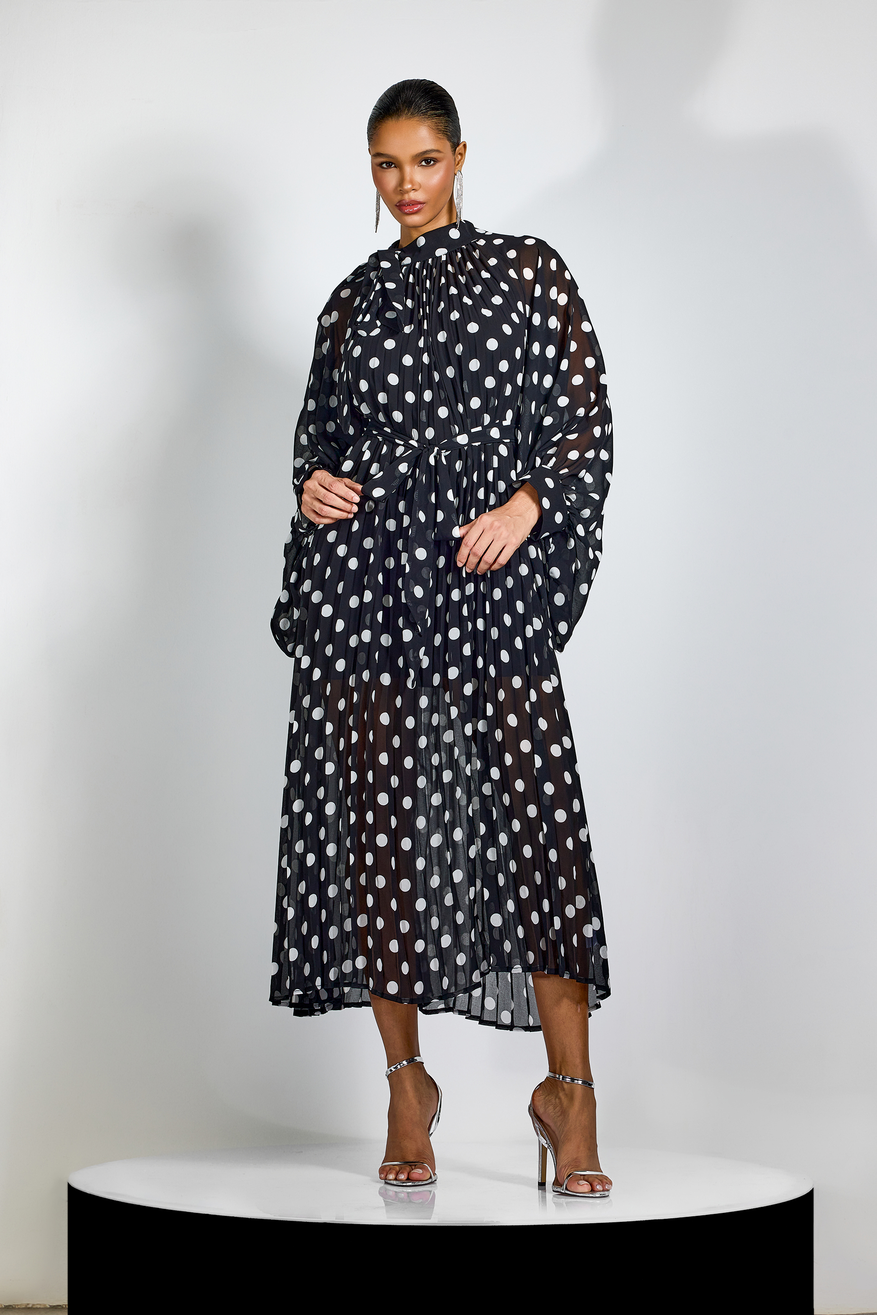 Ella Polka Dot Tie Neck Maxi Dress-purelyfable