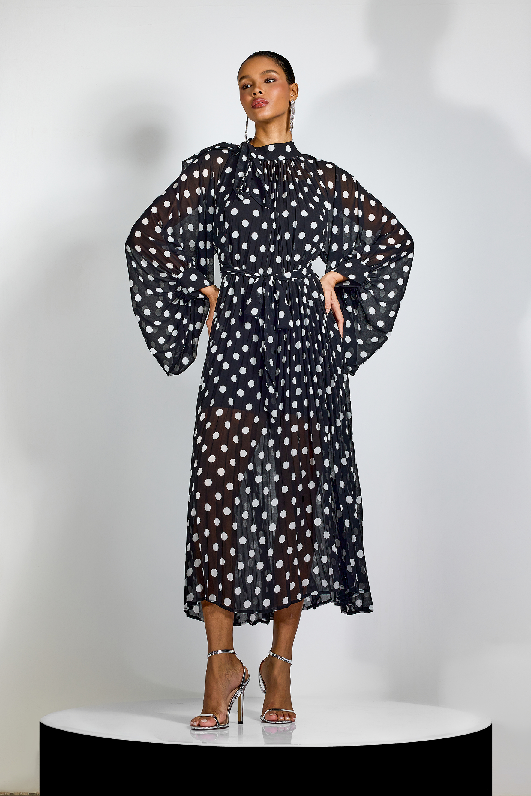 Ella Polka Dot Tie Neck Maxi Dress-purelyfable