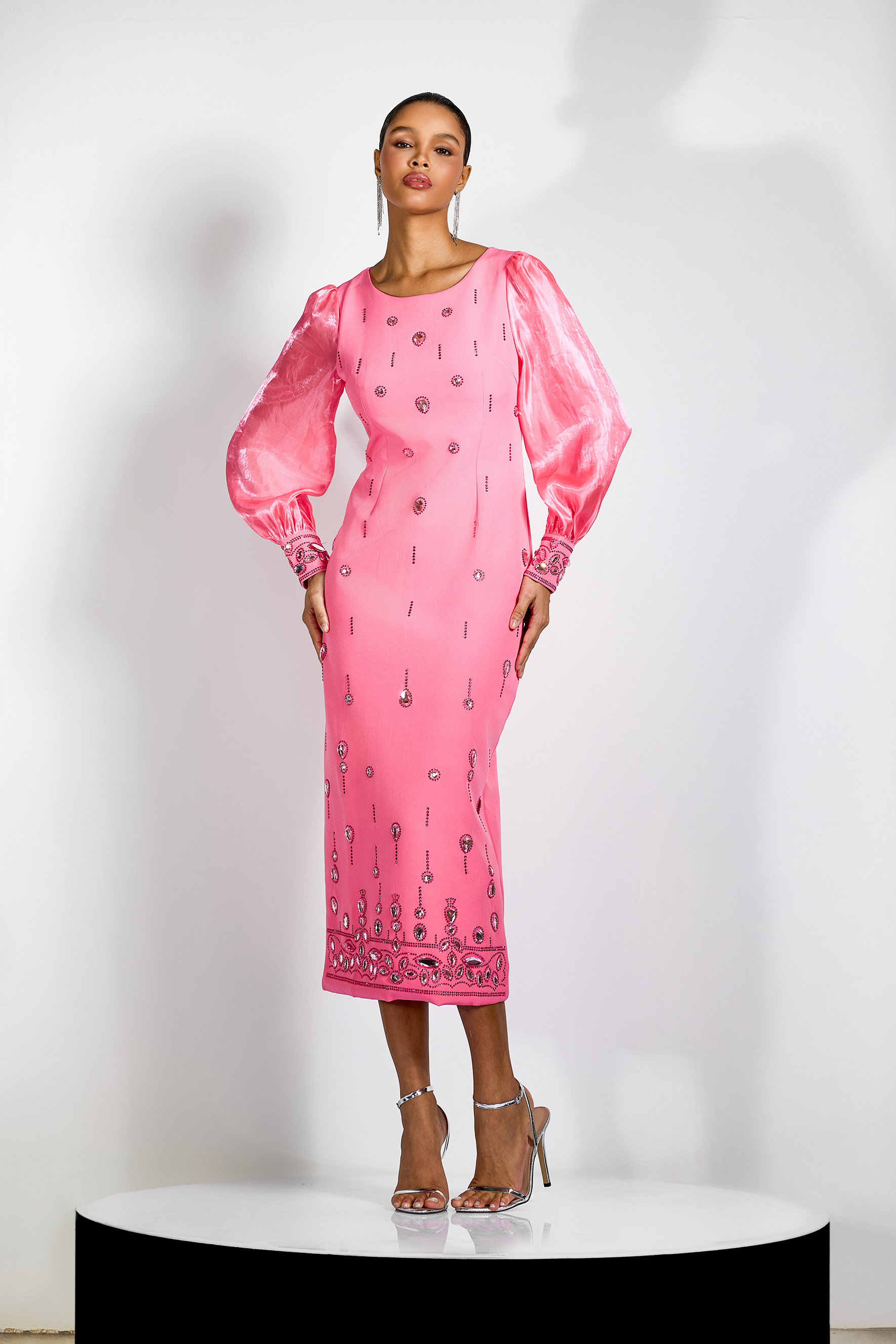 Molly Crystal Embellished Puff Sleeve Midi Dress-purelyfable