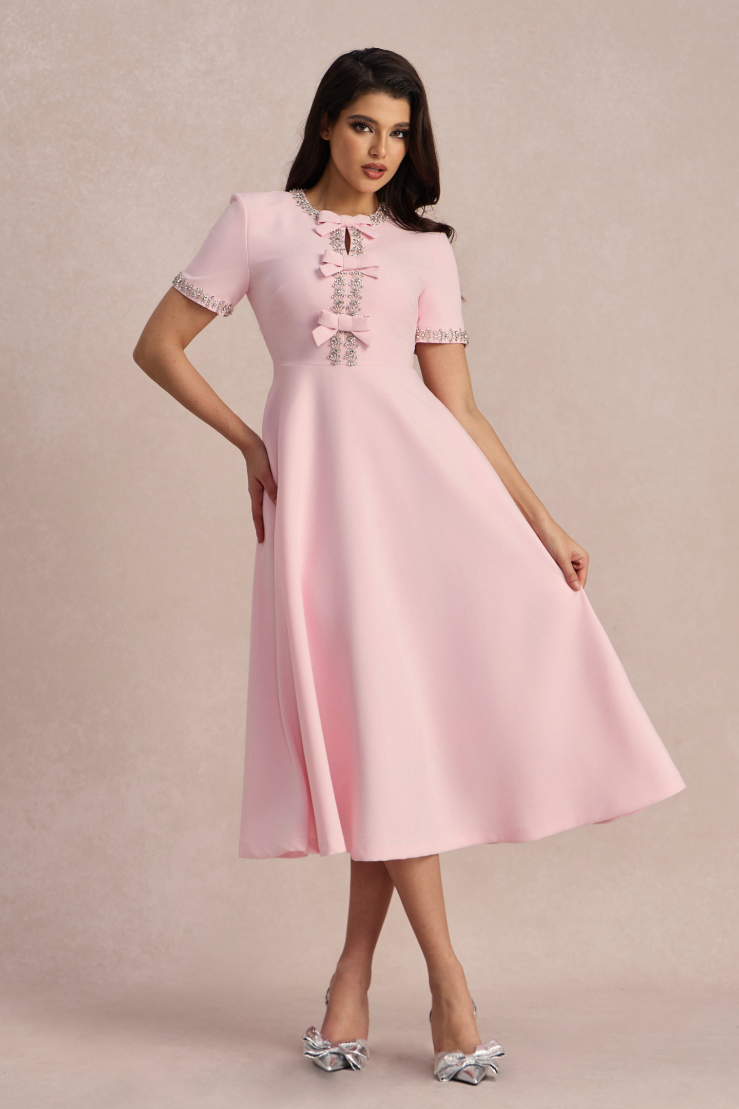 Zoe Bowknot Crystal-embellished Midi Dress-purelyfable