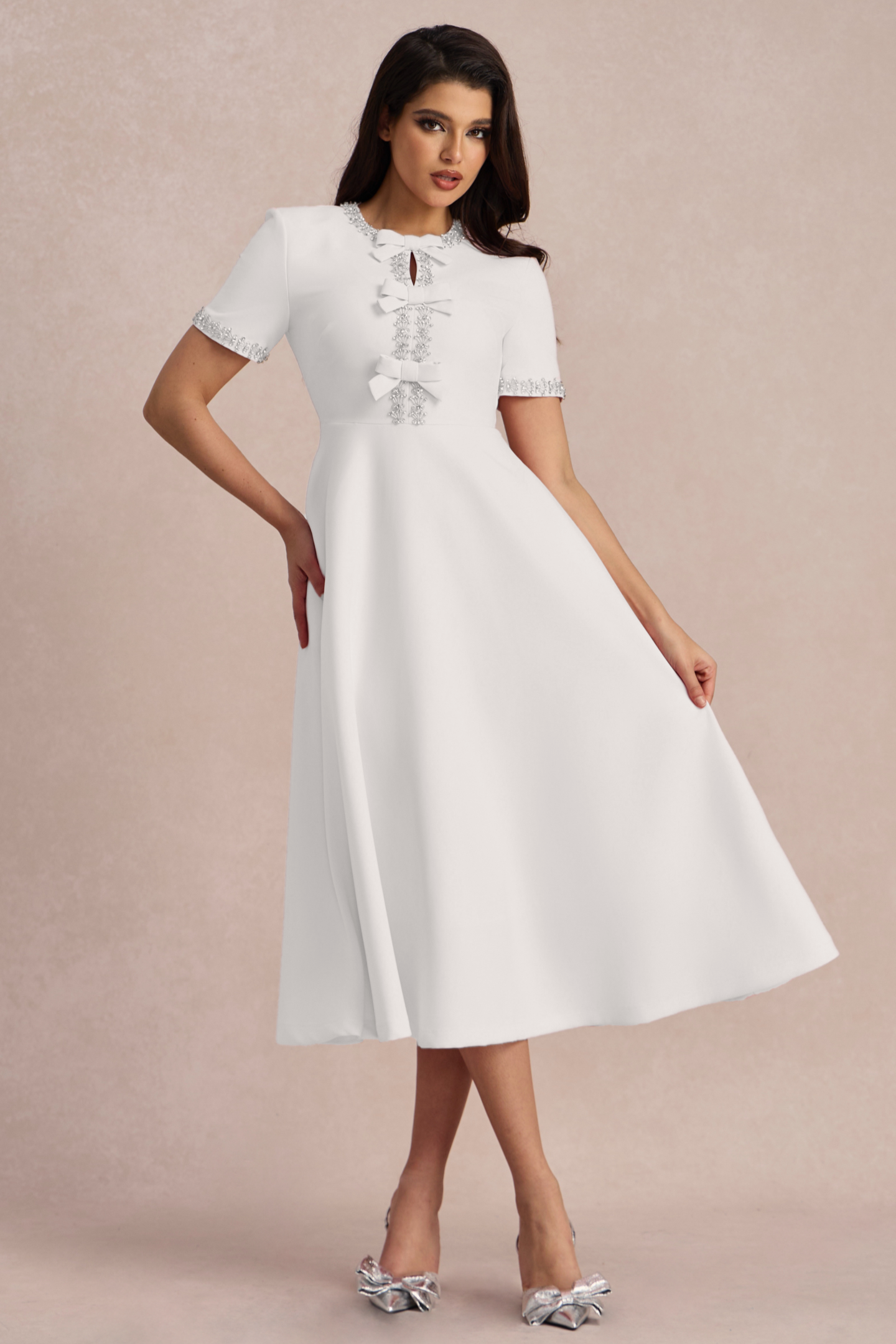 Zoe Bowknot Crystal-embellished Midi Dress-purelyfable