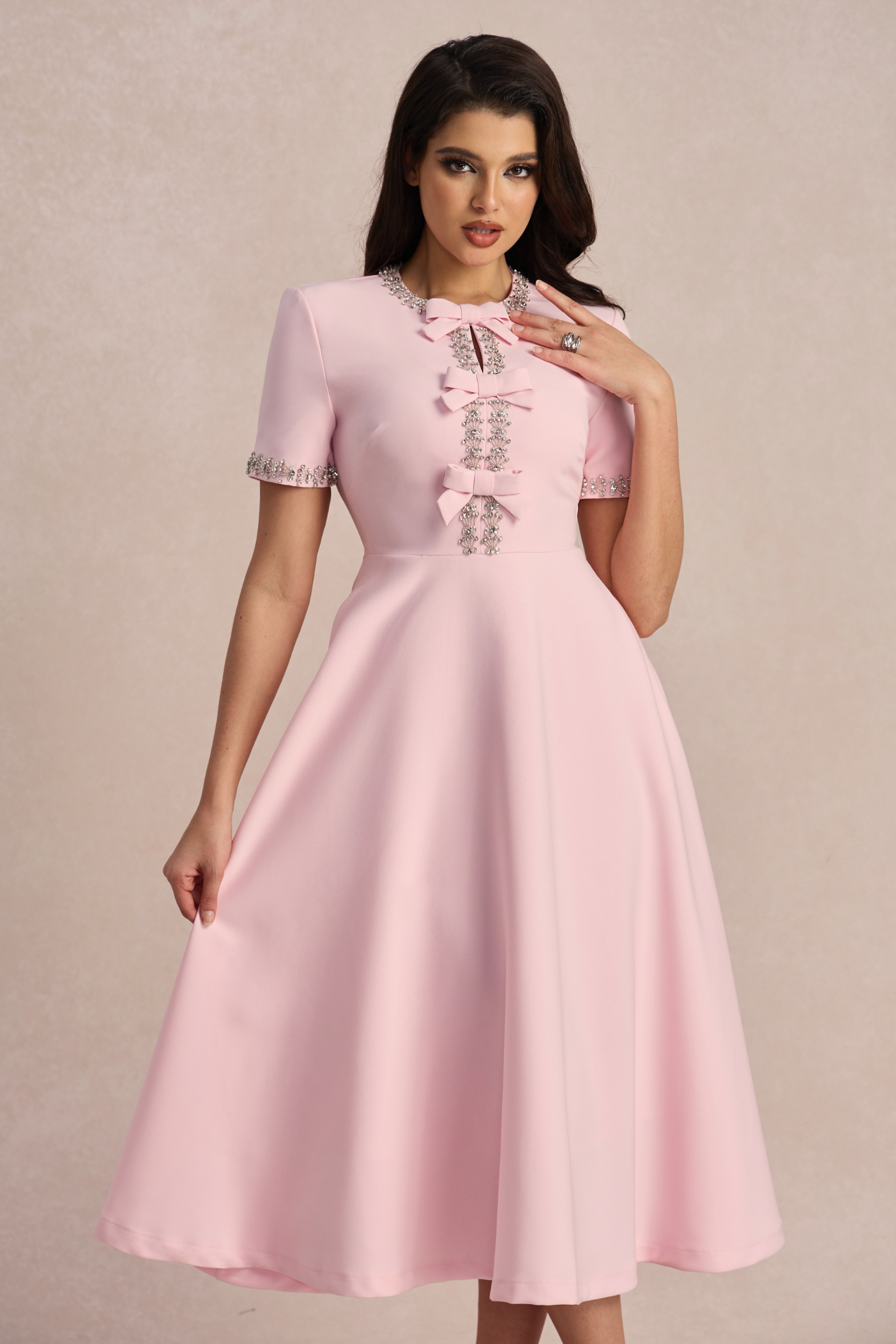 Zoe Bowknot Crystal-embellished Midi Dress-purelyfable