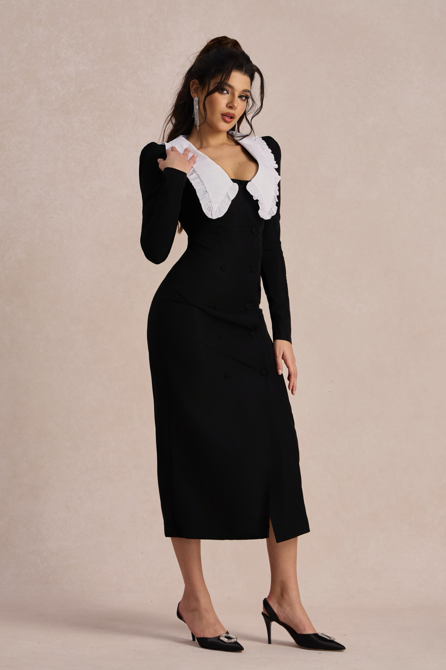 Kathy Peter Pan Collar V-neck Midi Dress-purelyfable