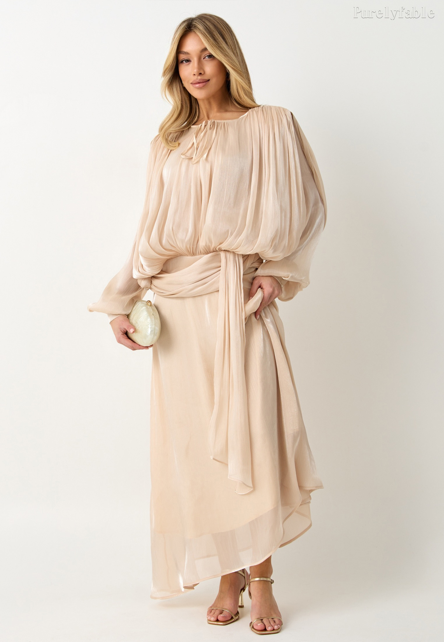 Jolie Khaki Long-Sleeved V-Neck Fitted A-Line Dress