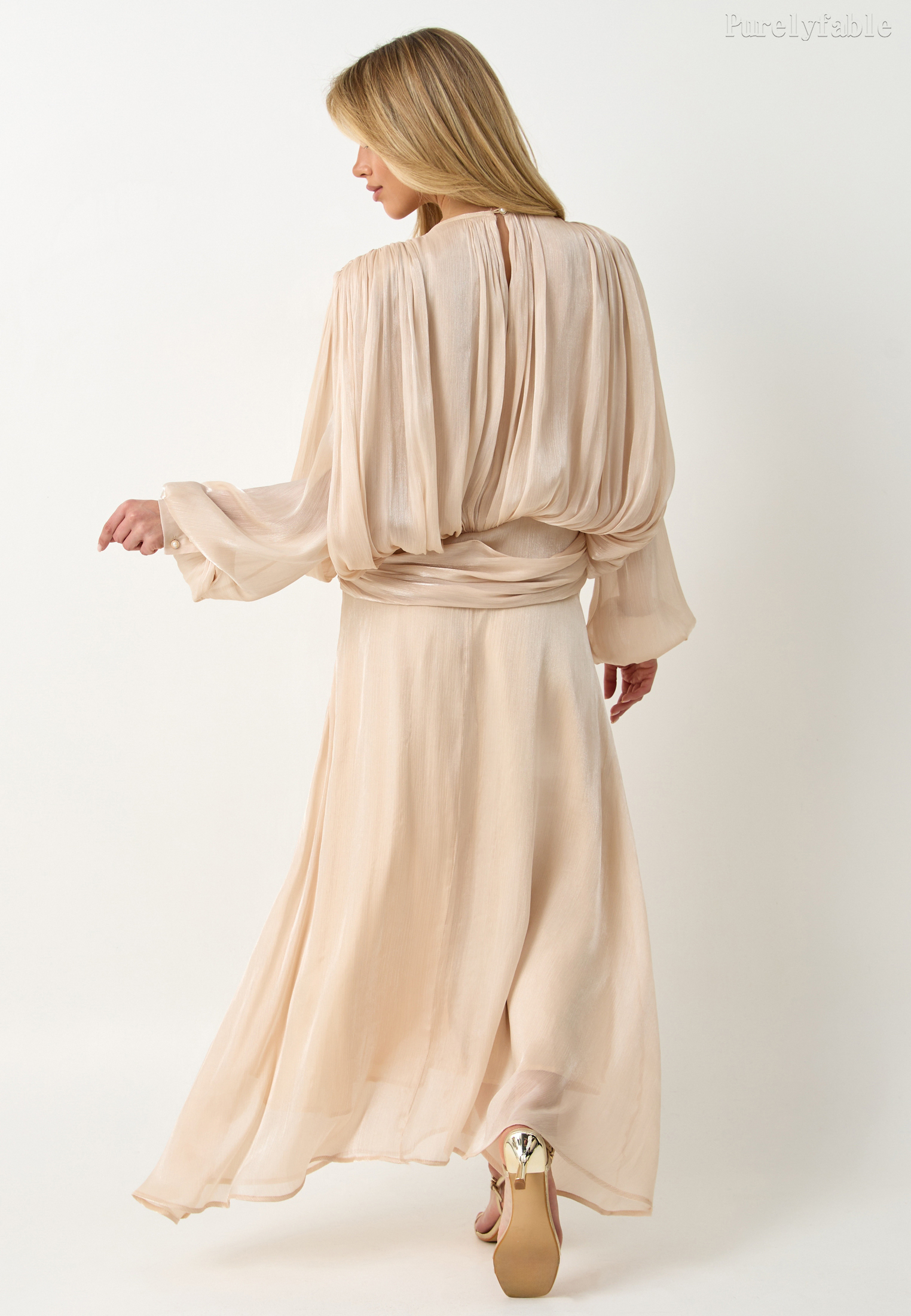 Jolie Khaki Long-Sleeved V-Neck Fitted A-Line Dress