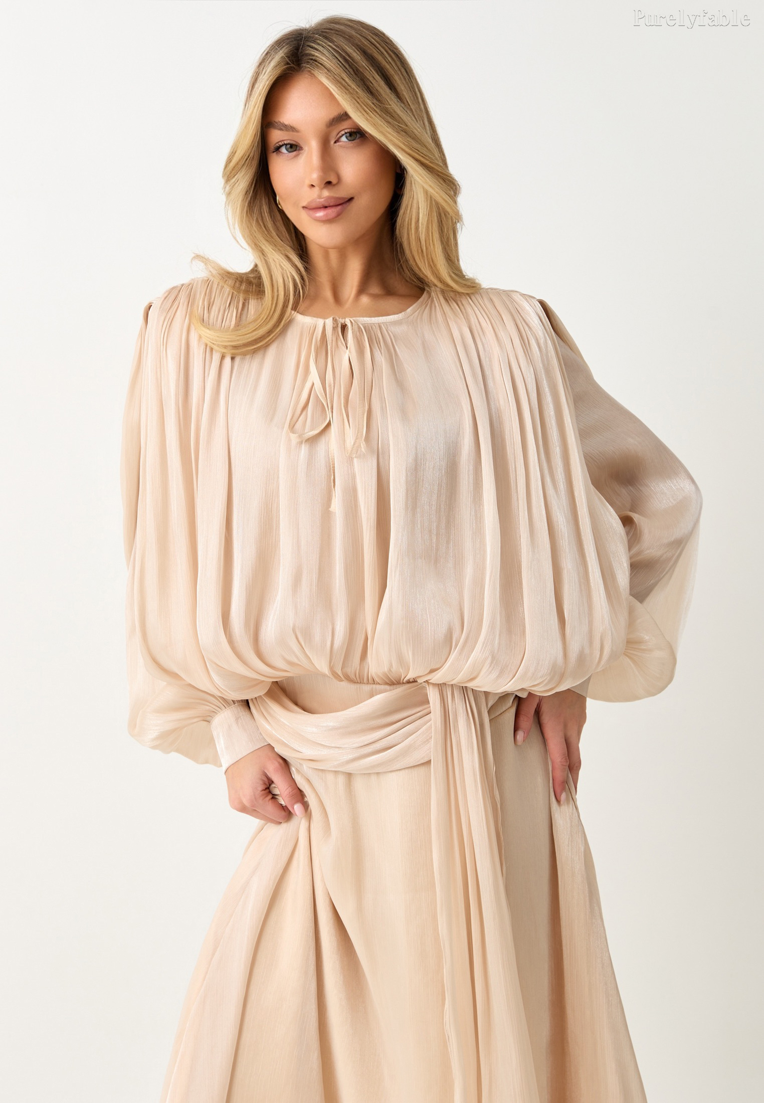 Jolie Khaki Long-Sleeved V-Neck Fitted A-Line Dress