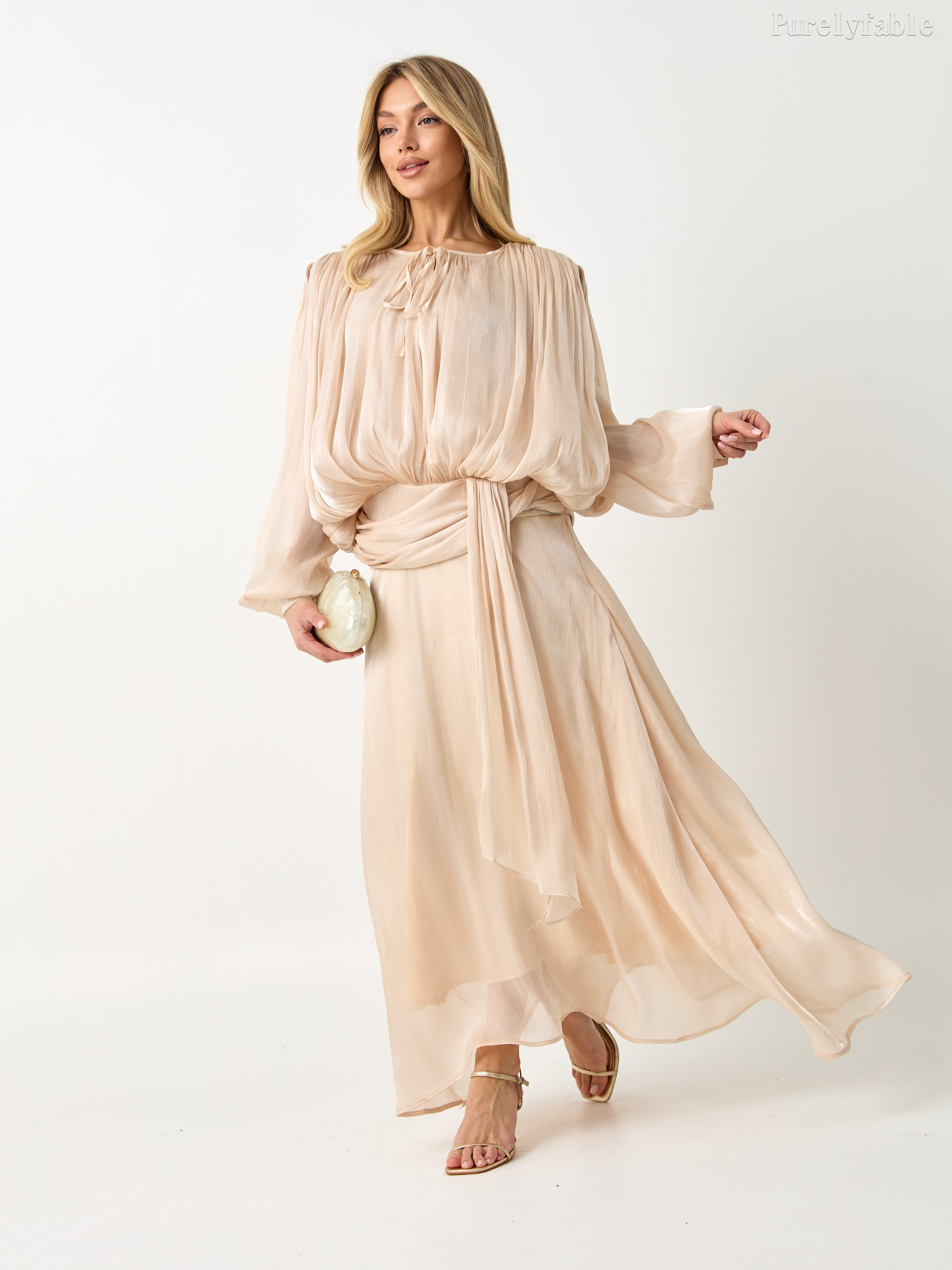Jolie Khaki Long-Sleeved V-Neck Fitted A-Line Dress