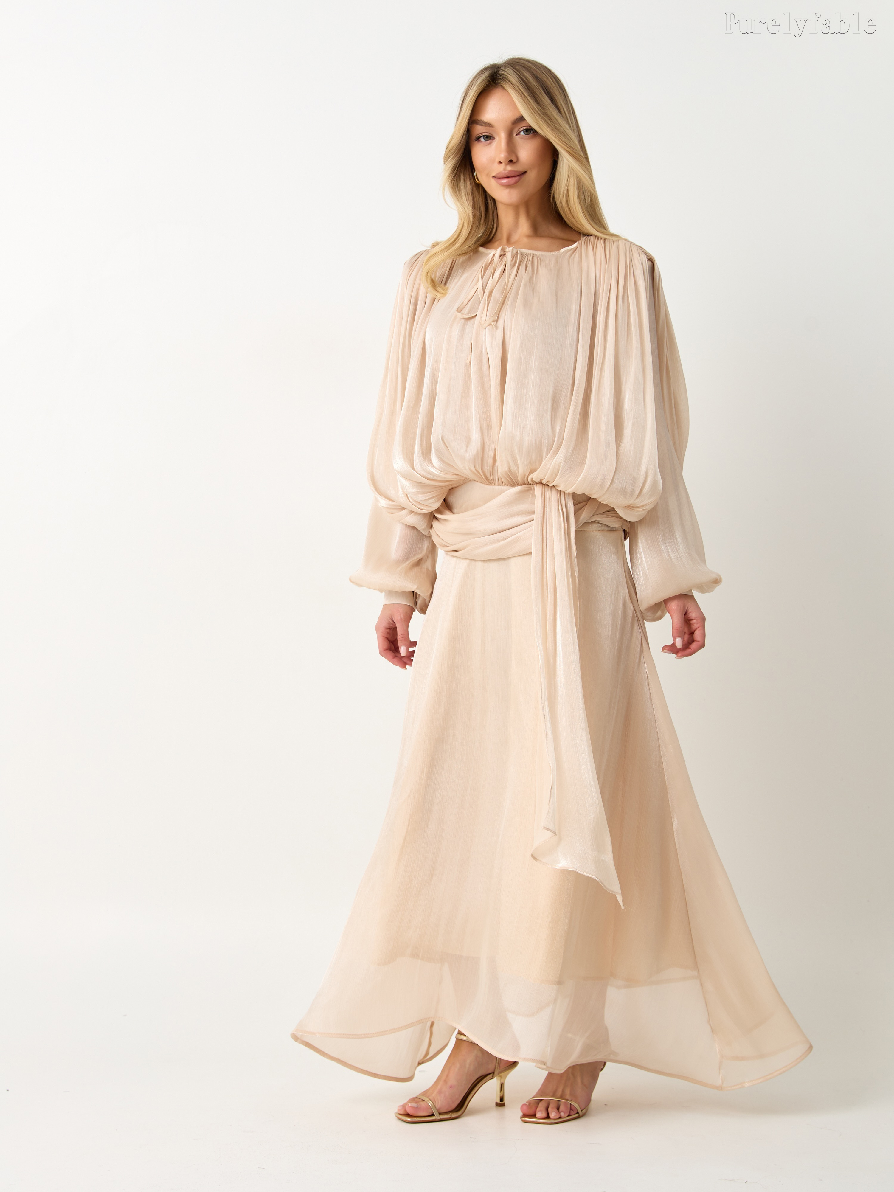 Jolie Khaki Long-Sleeved V-Neck Fitted A-Line Dress