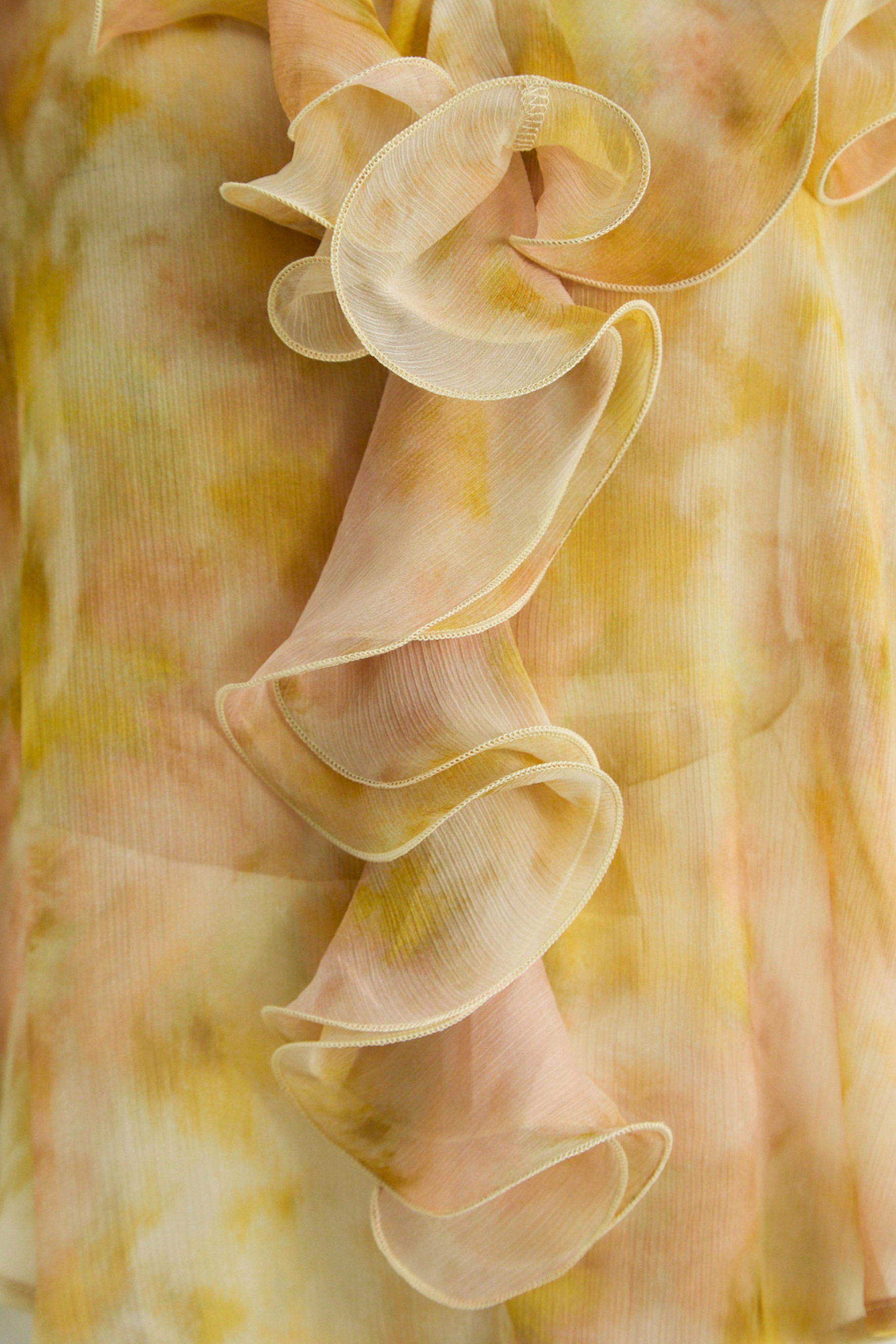 Light Reverie Apricot Ruffle Watercolor Print Blouse-purelyfable