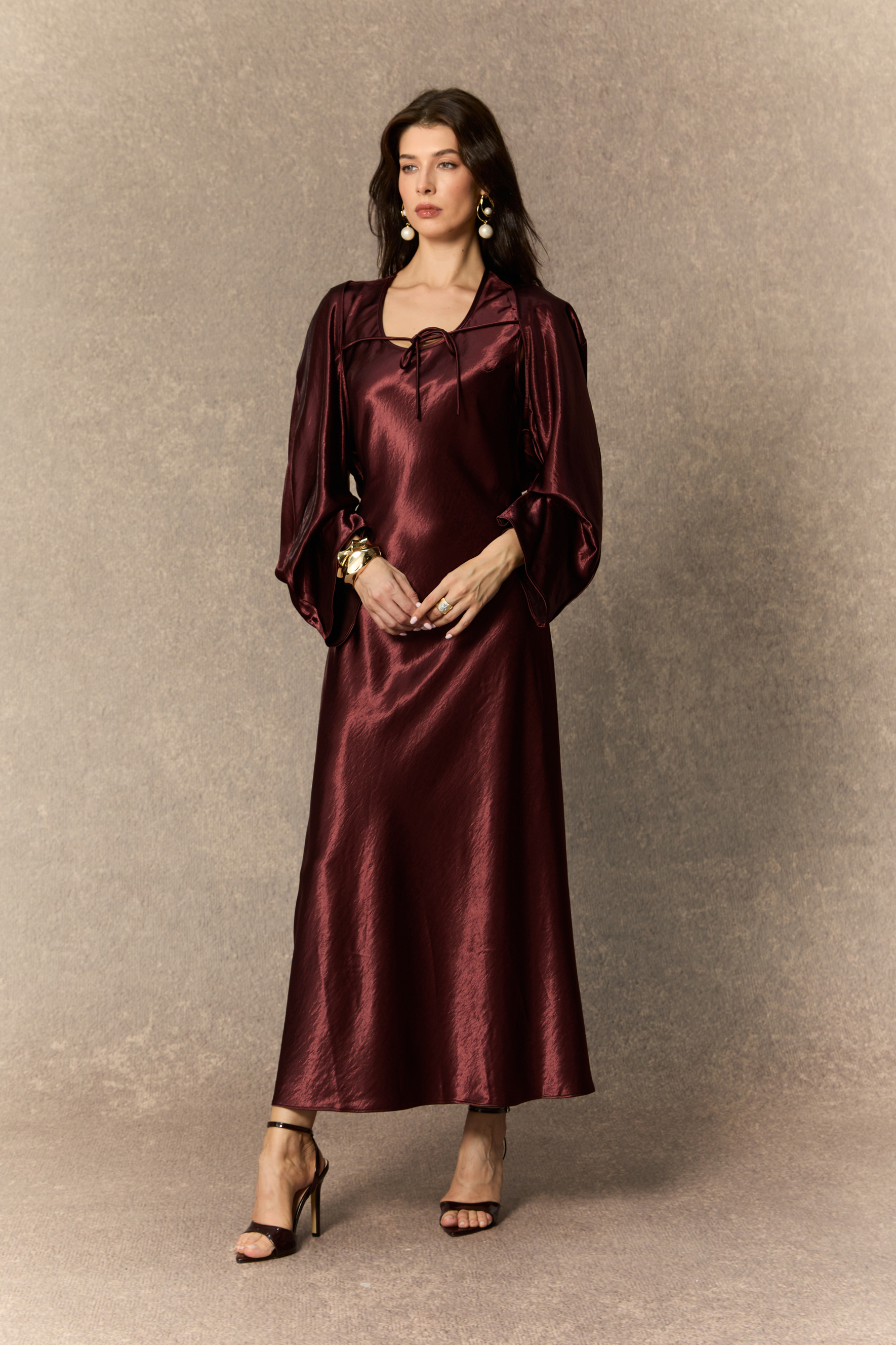 Dreaming Of Elegance Burgundy Cape & Satin Maxi Dress-purelyfable