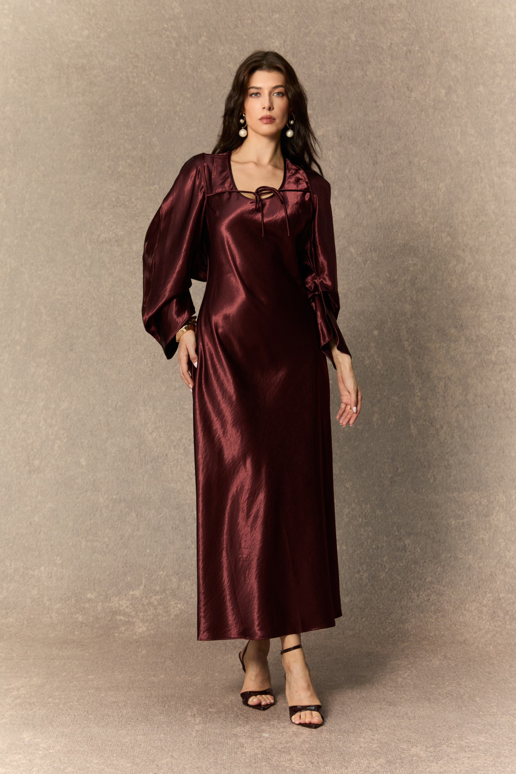 Dreaming Of Elegance Burgundy Cape & Satin Maxi Dress-purelyfable