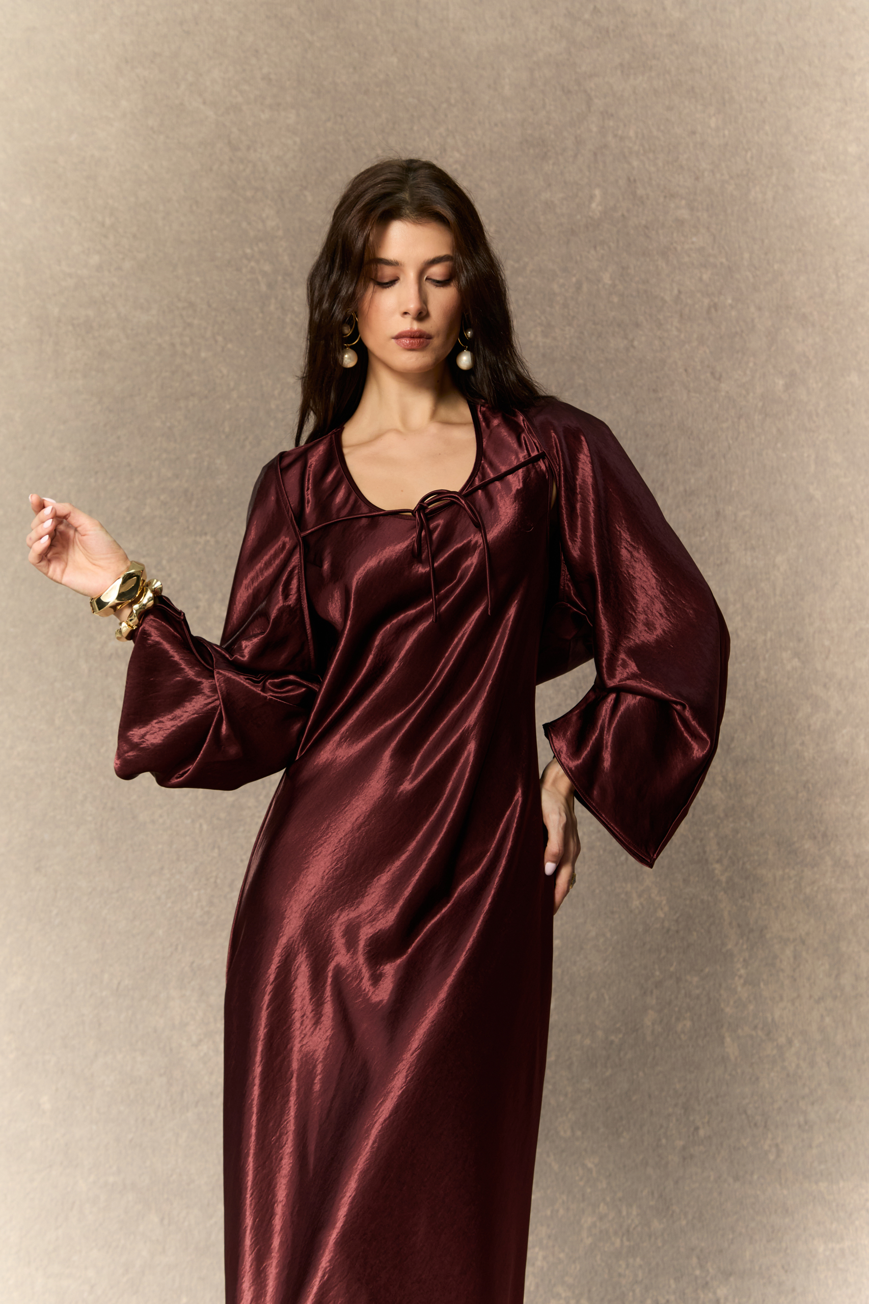 Dreaming Of Elegance Burgundy Cape & Satin Maxi Dress-purelyfable