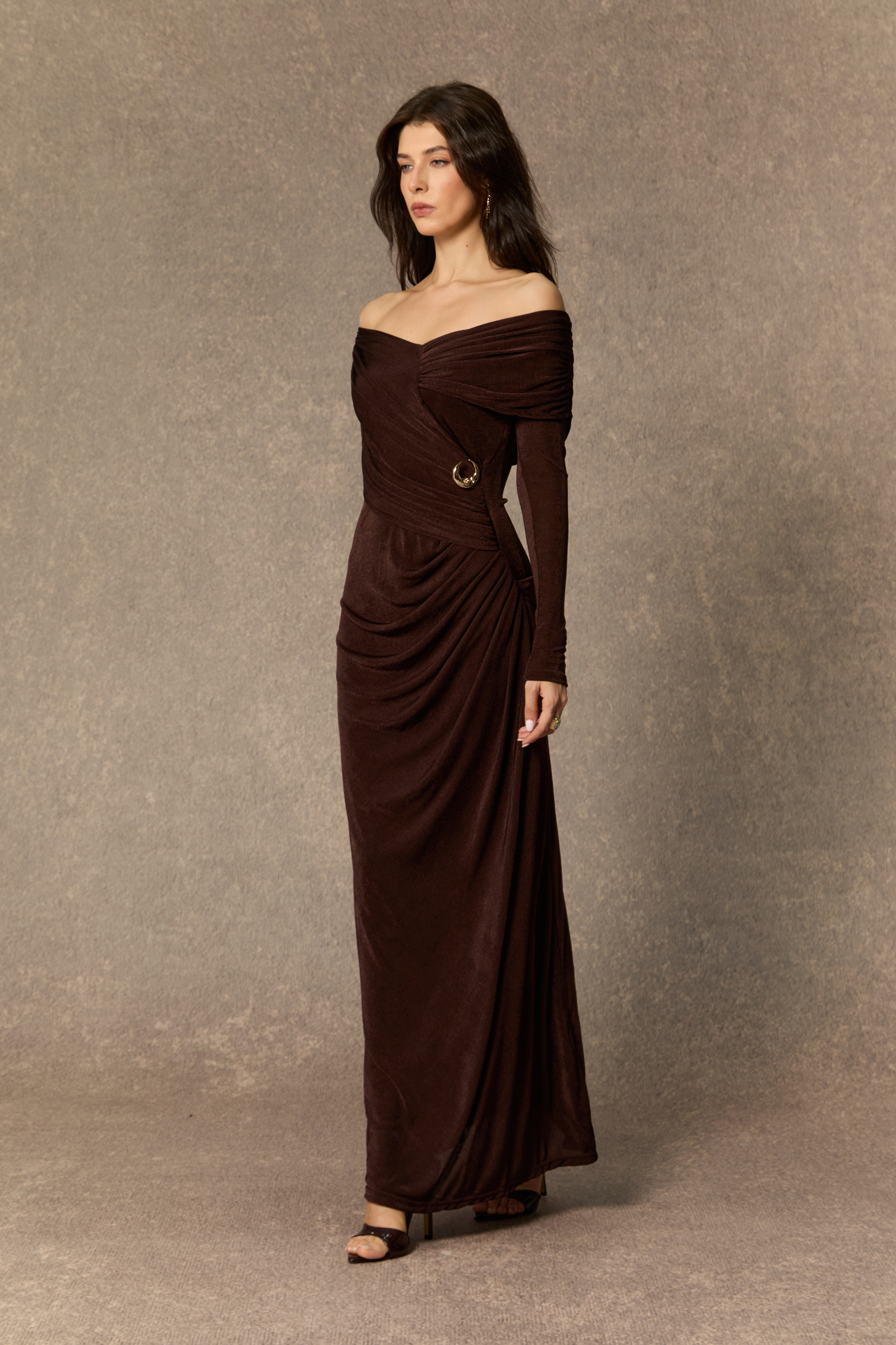Always Remarkable Brown Off Shoulder Gathered Maxi Dress-purelyfable