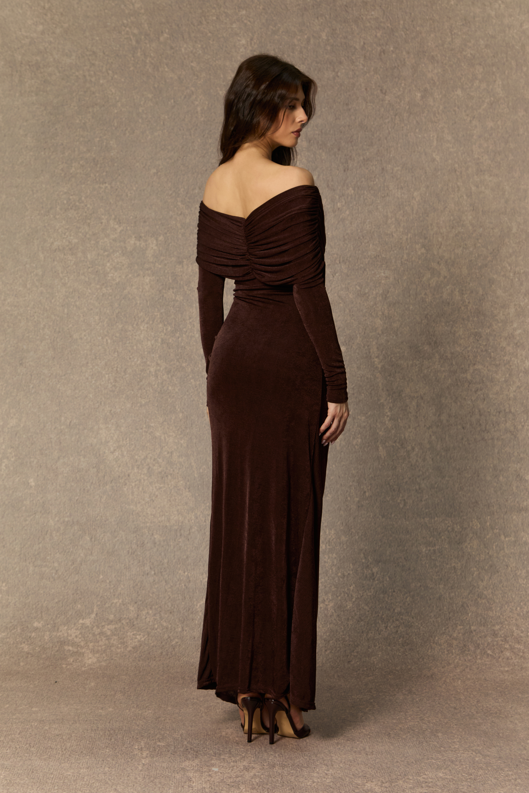 Always Remarkable Brown Off Shoulder Gathered Maxi Dress-purelyfable