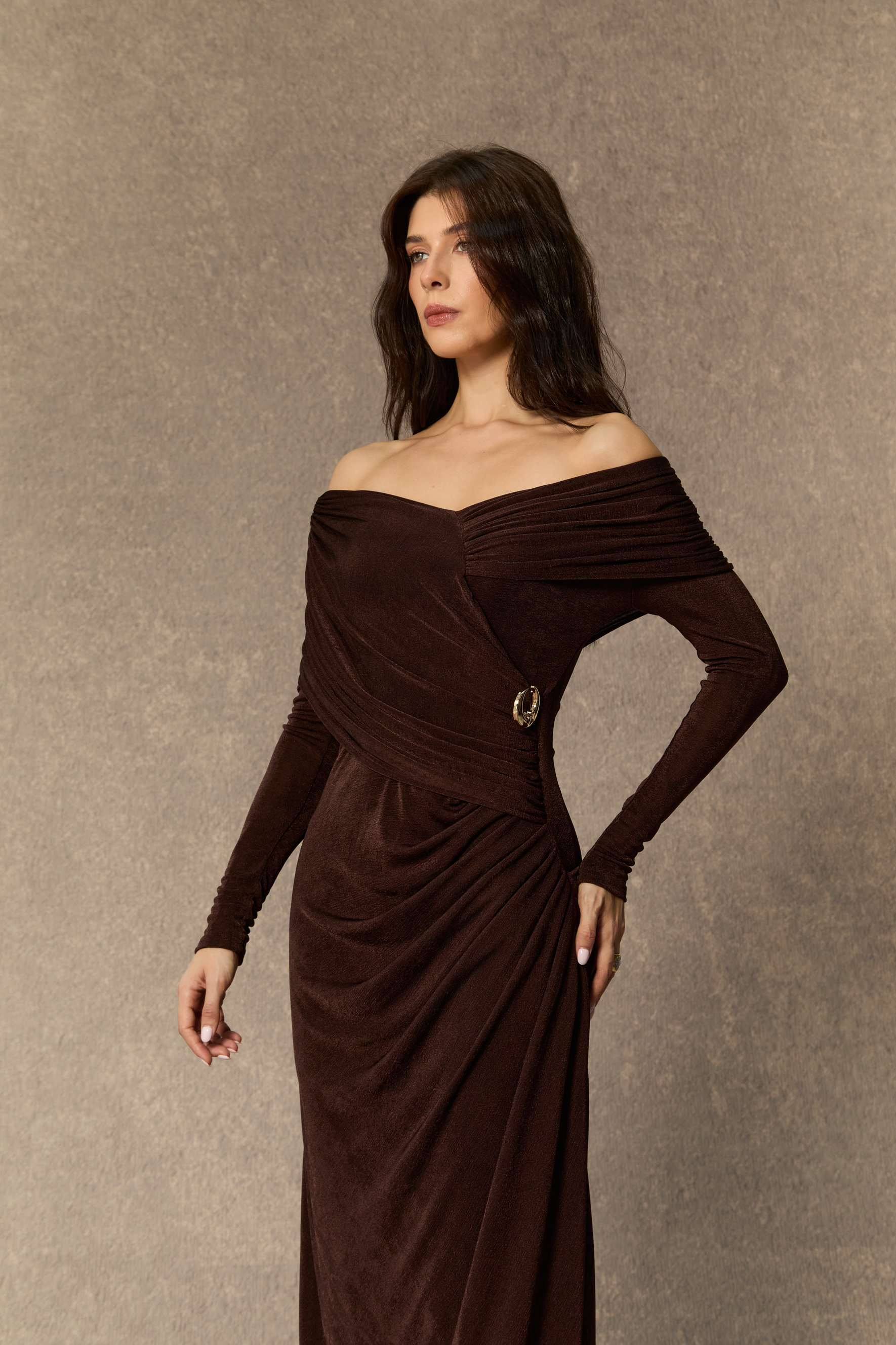 Always Remarkable Brown Off Shoulder Gathered Maxi Dress-purelyfable
