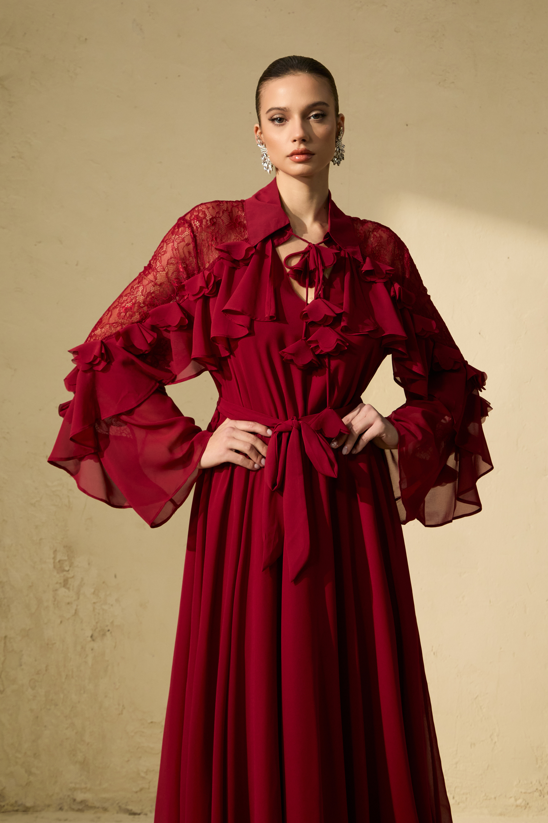 Beautiful Aura Sheer Lace Ruffled Sleeve Maxi Dress-purelyfable
