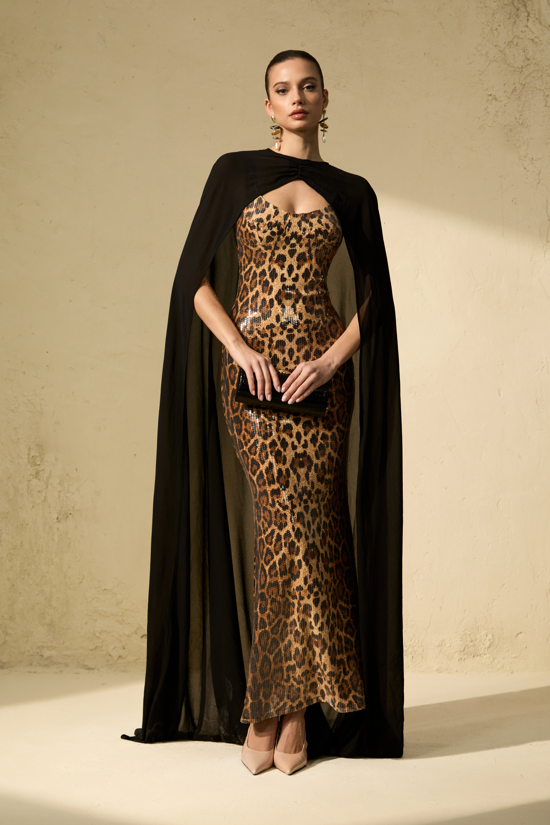 Wild Charm Multi Leopard Print Sequin Maxi Dress & Cape Set-purelyfable