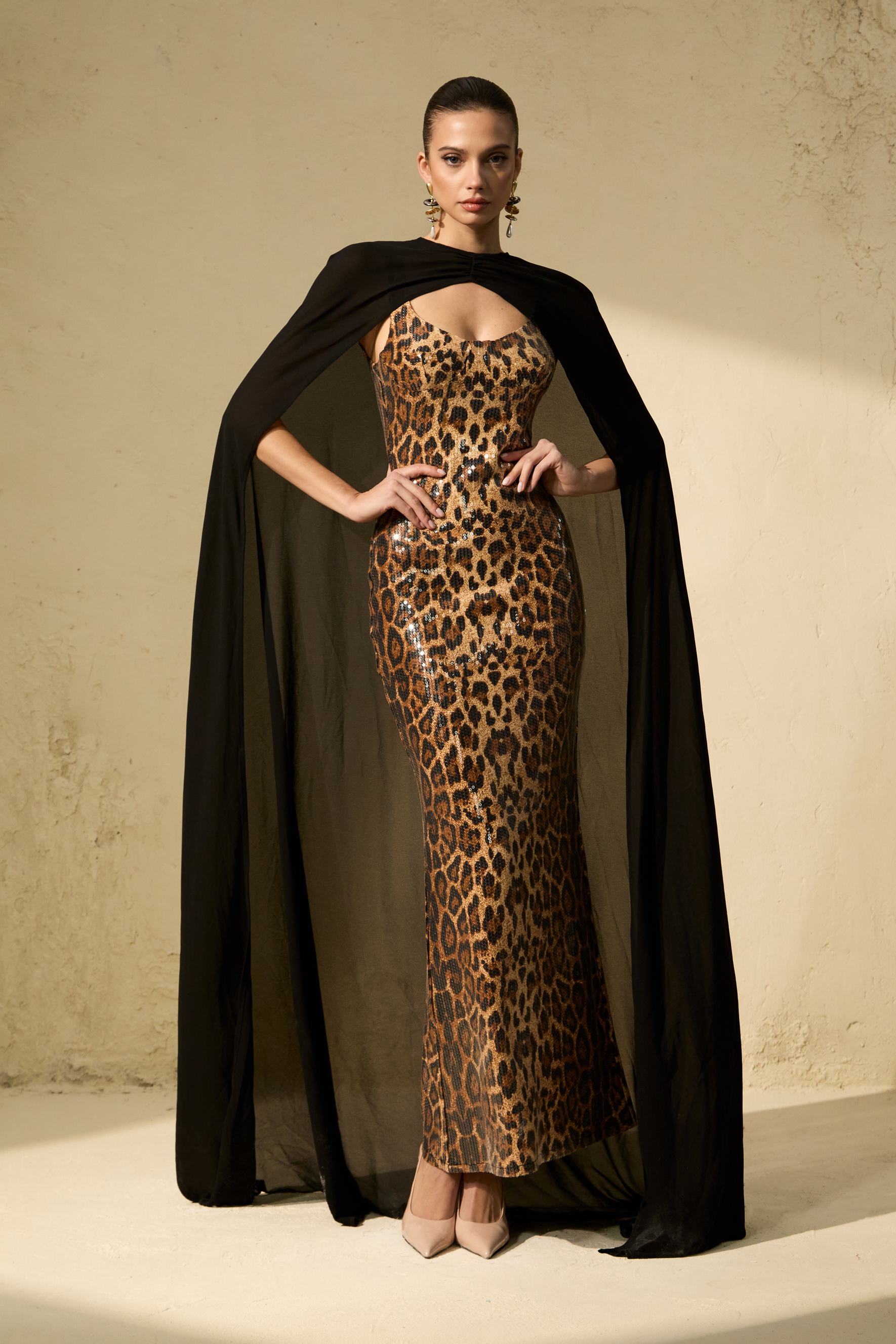 Wild Charm Multi Leopard Print Sequin Maxi Dress & Cape Set-purelyfable