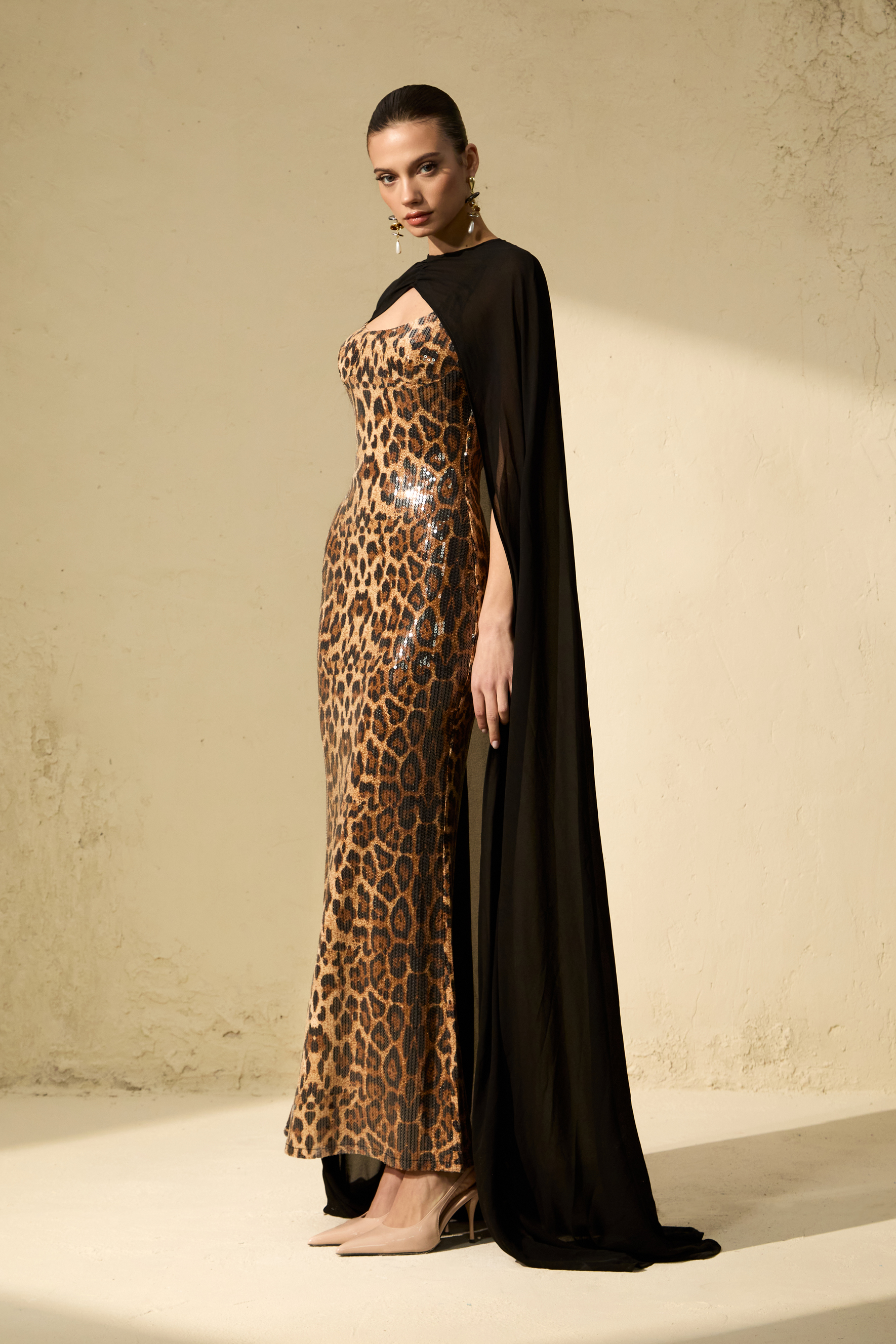 Wild Charm Multi Leopard Print Sequin Maxi Dress & Cape Set-purelyfable