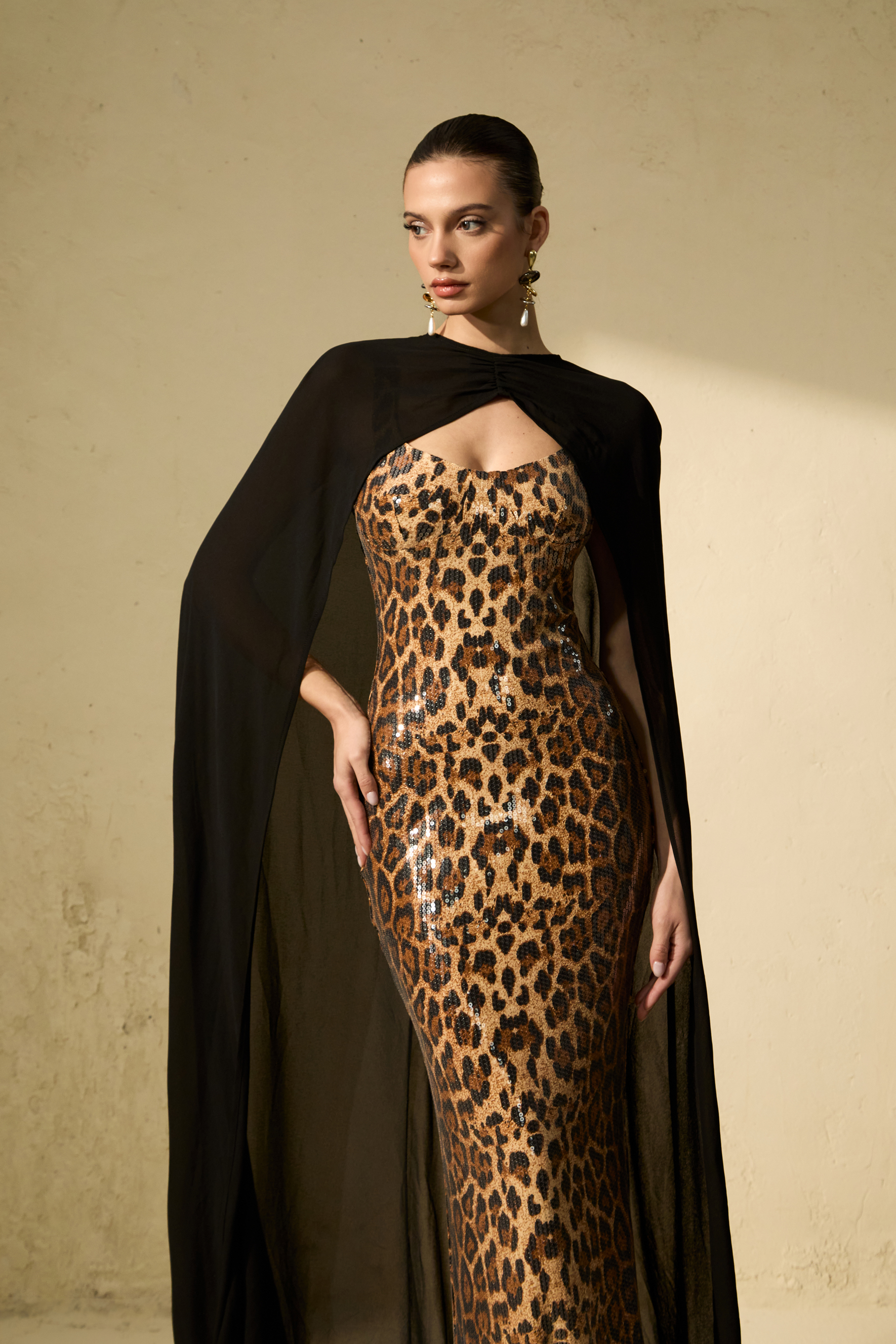 Wild Charm Multi Leopard Print Sequin Maxi Dress & Cape Set-purelyfable
