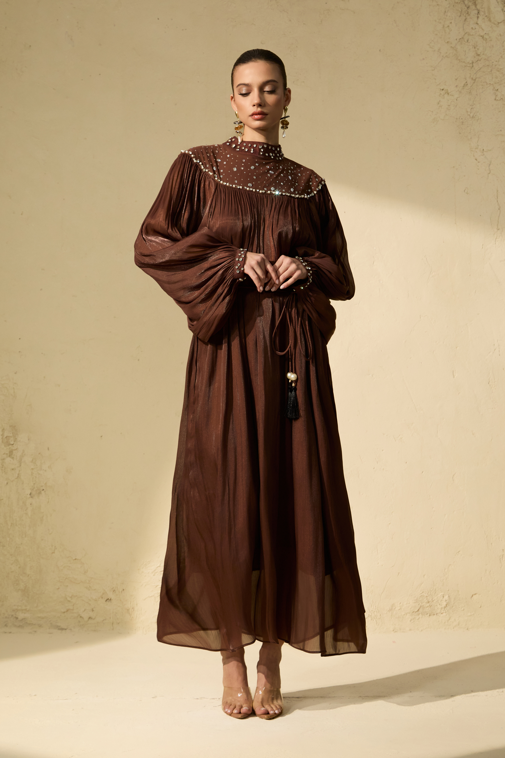 Refined Attitude Brown Crystal Embellished Bishop Sleeve Maxi Dress-purelyfable