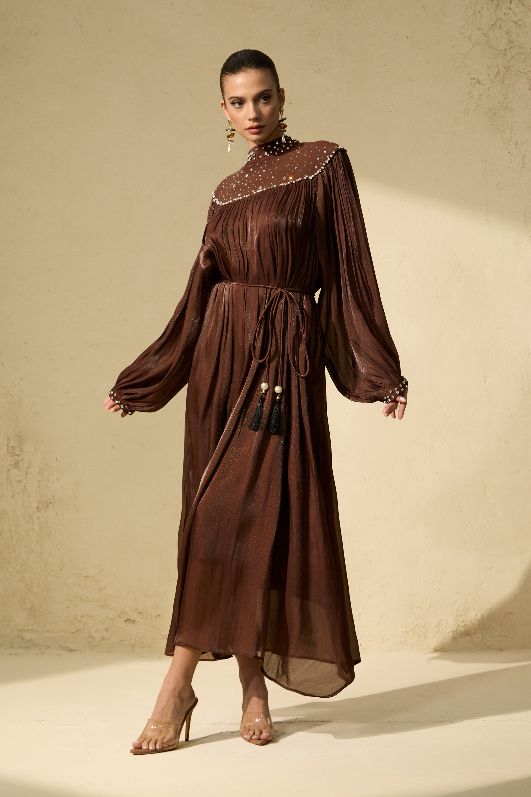 Refined Attitude Brown Crystal Embellished Bishop Sleeve Maxi Dress-purelyfable