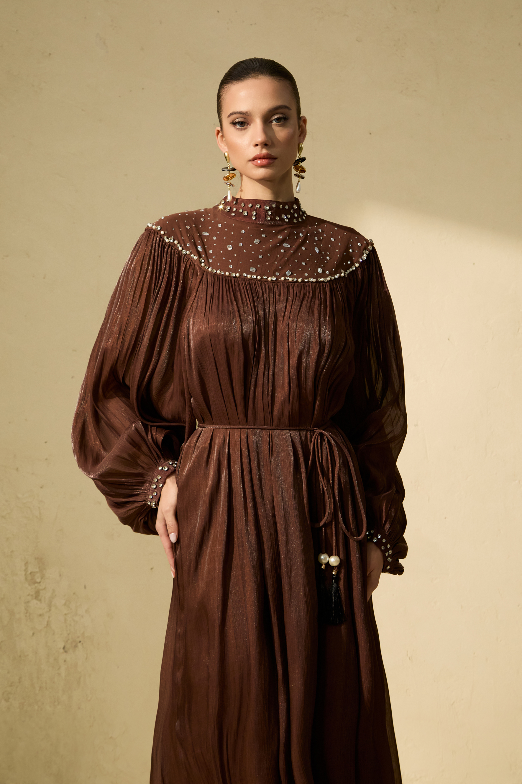 Refined Attitude Brown Crystal Embellished Bishop Sleeve Maxi Dress-purelyfable