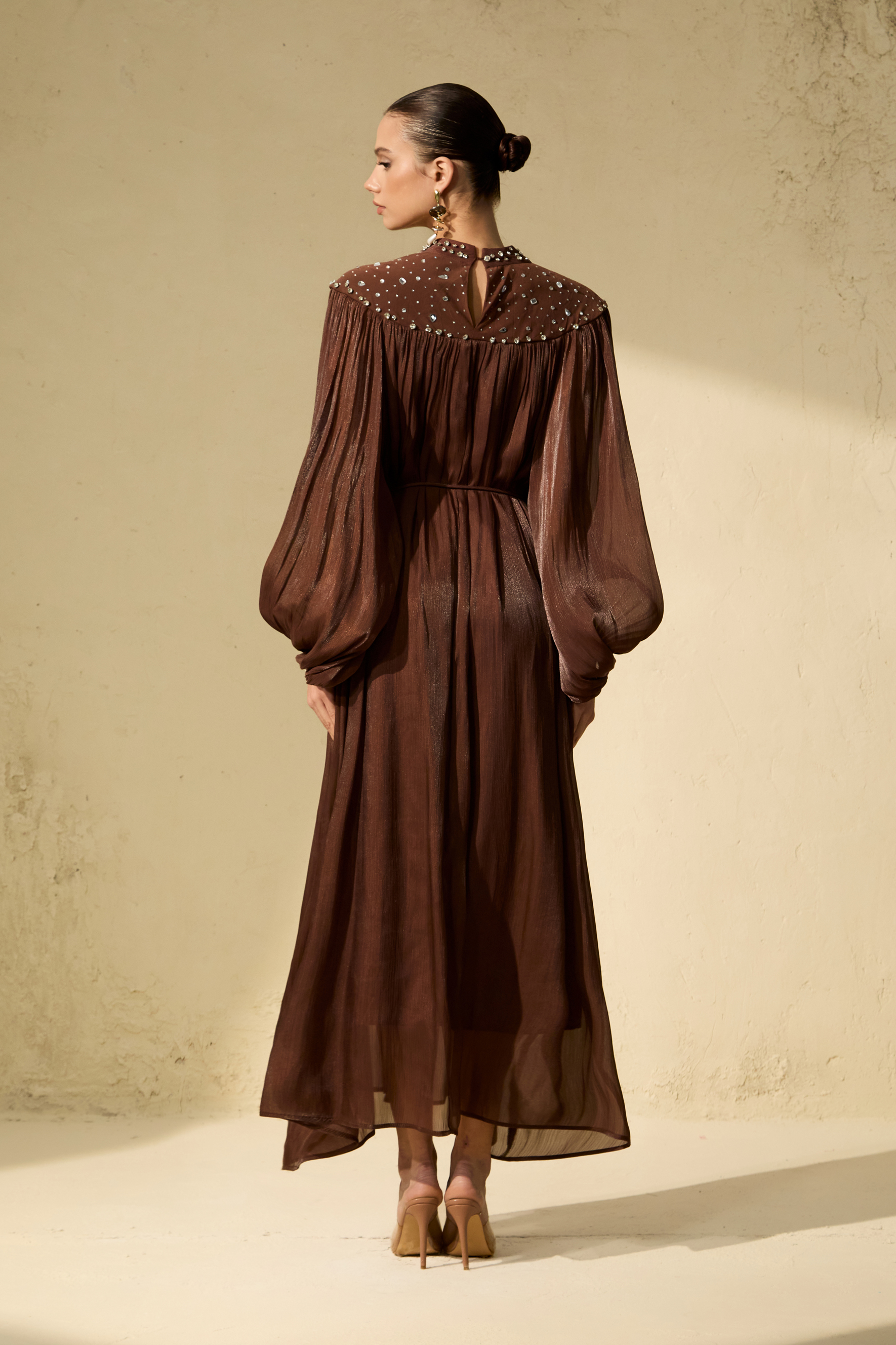 Refined Attitude Brown Crystal Embellished Bishop Sleeve Maxi Dress-purelyfable