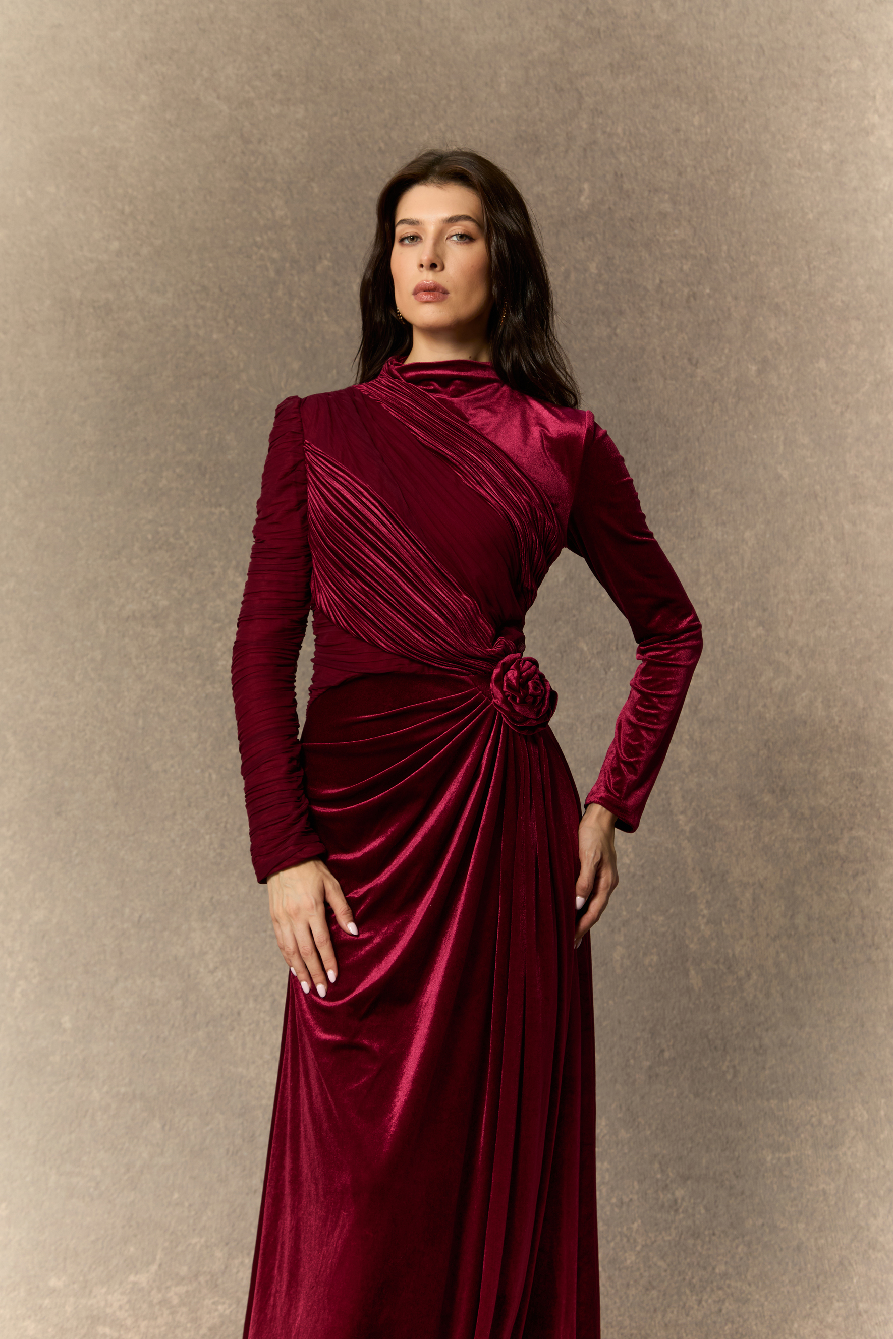 Amelia Floral Ruched Bodice Velvet Maxi Dress-purelyfable