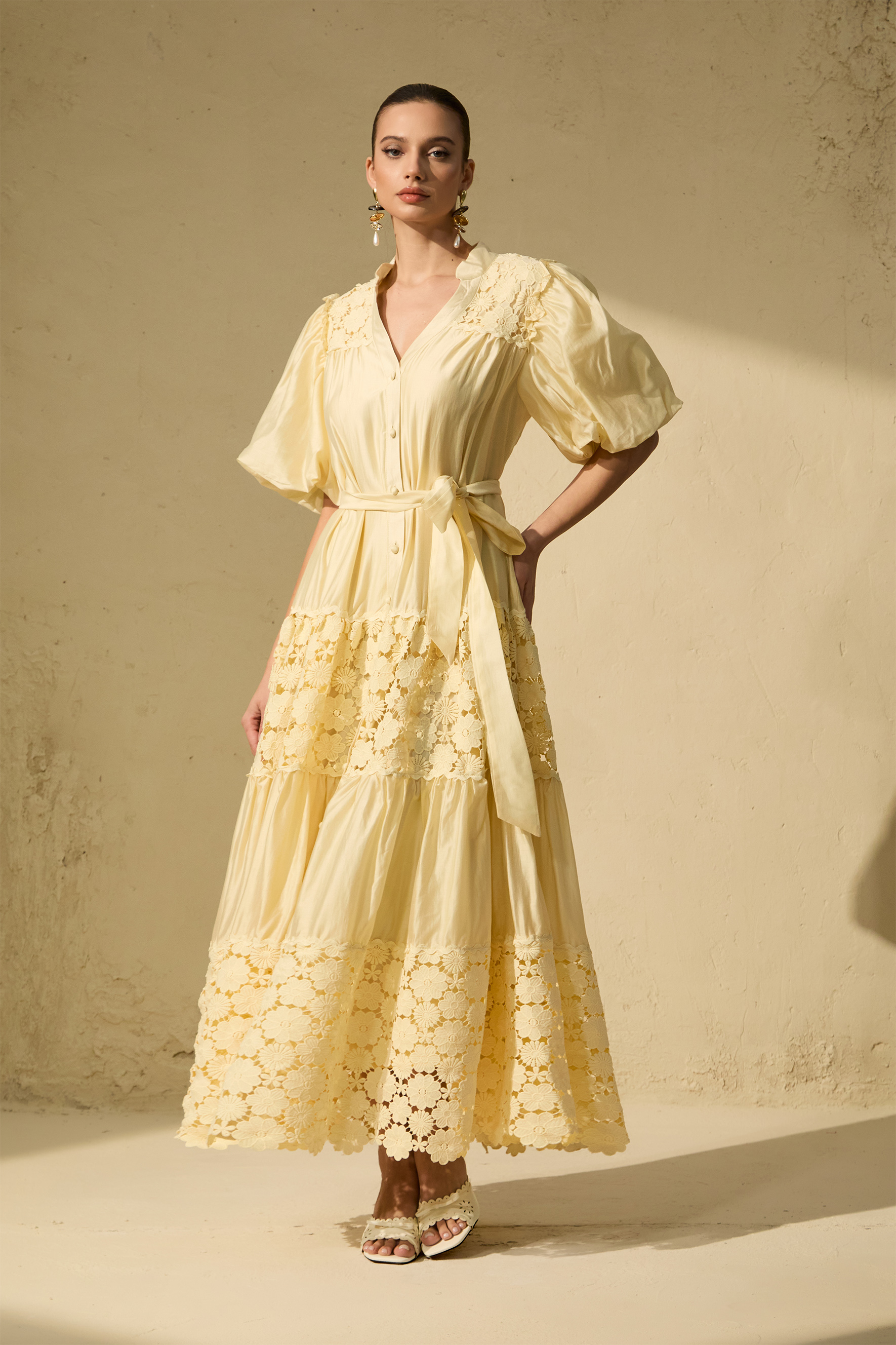Chic Reverie Puff Sleeve Floral Lace Maxi Dress-purelyfable