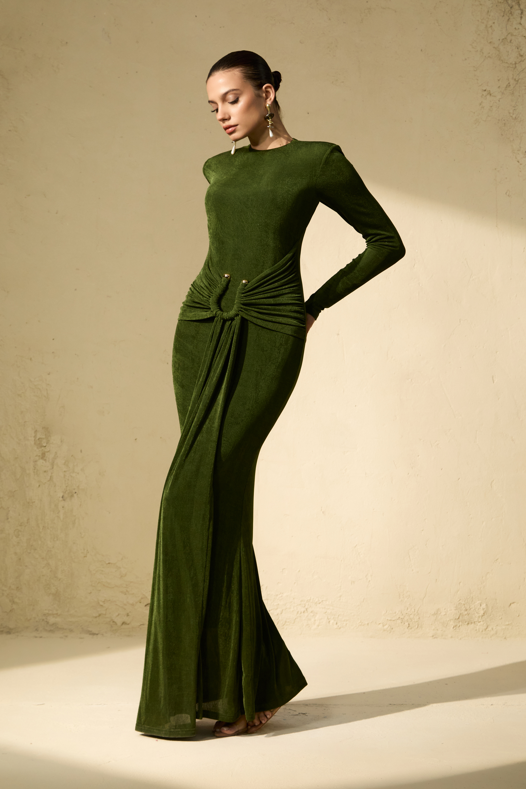 Brilliant Belle Deep Green Draped Waist Maxi Dress-purelyfable