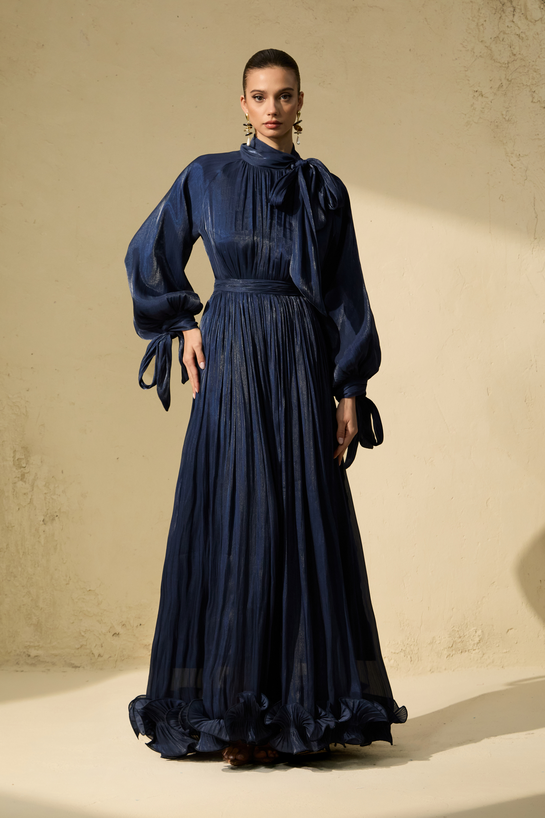 Gorgeous Presence Blue Pleated Ruffle Hem Maxi Dress-purelyfable