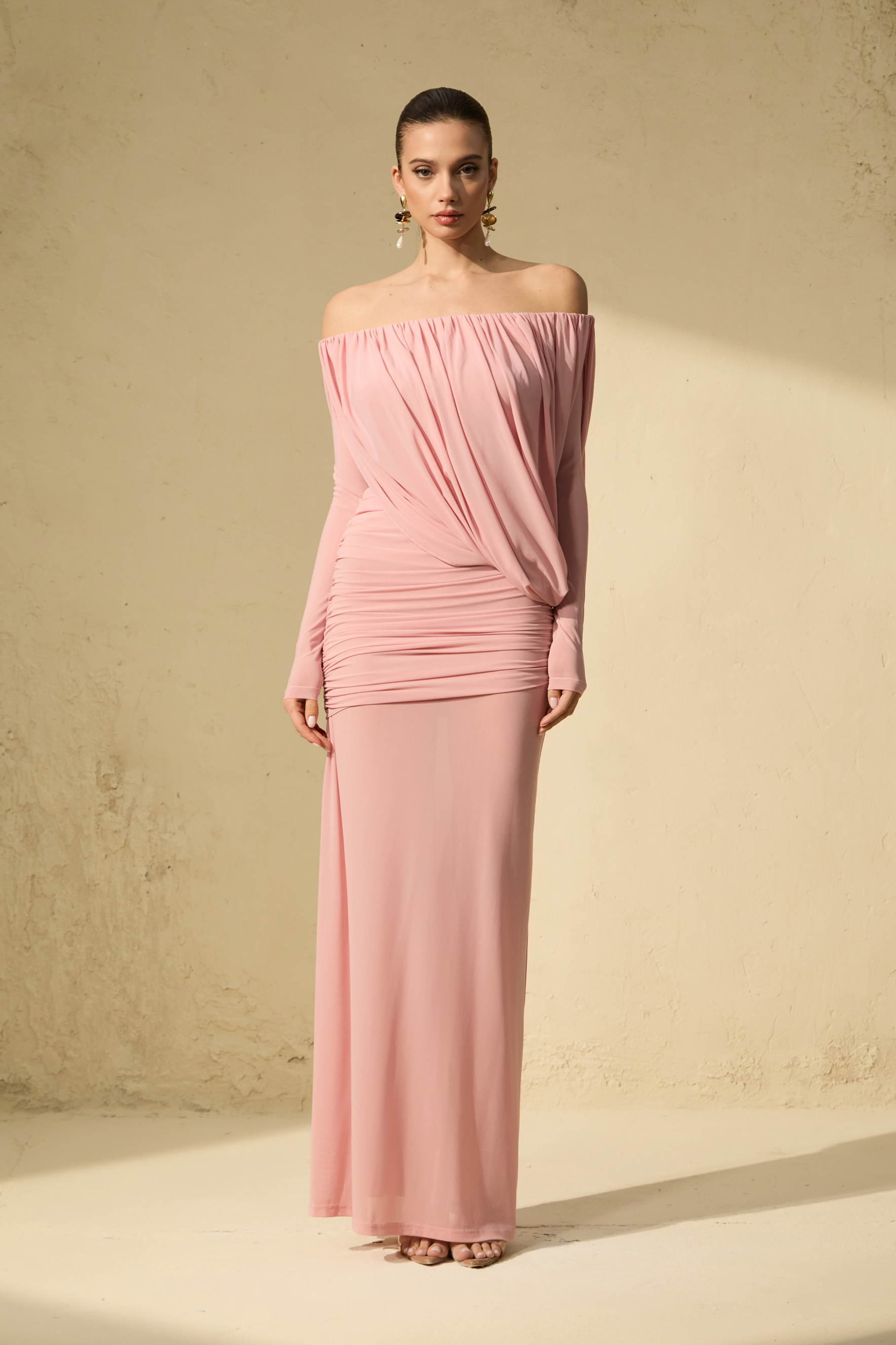 Late Night Kiss Pink Off Shoulder Ruched Bodice Maxi Dress-purelyfable