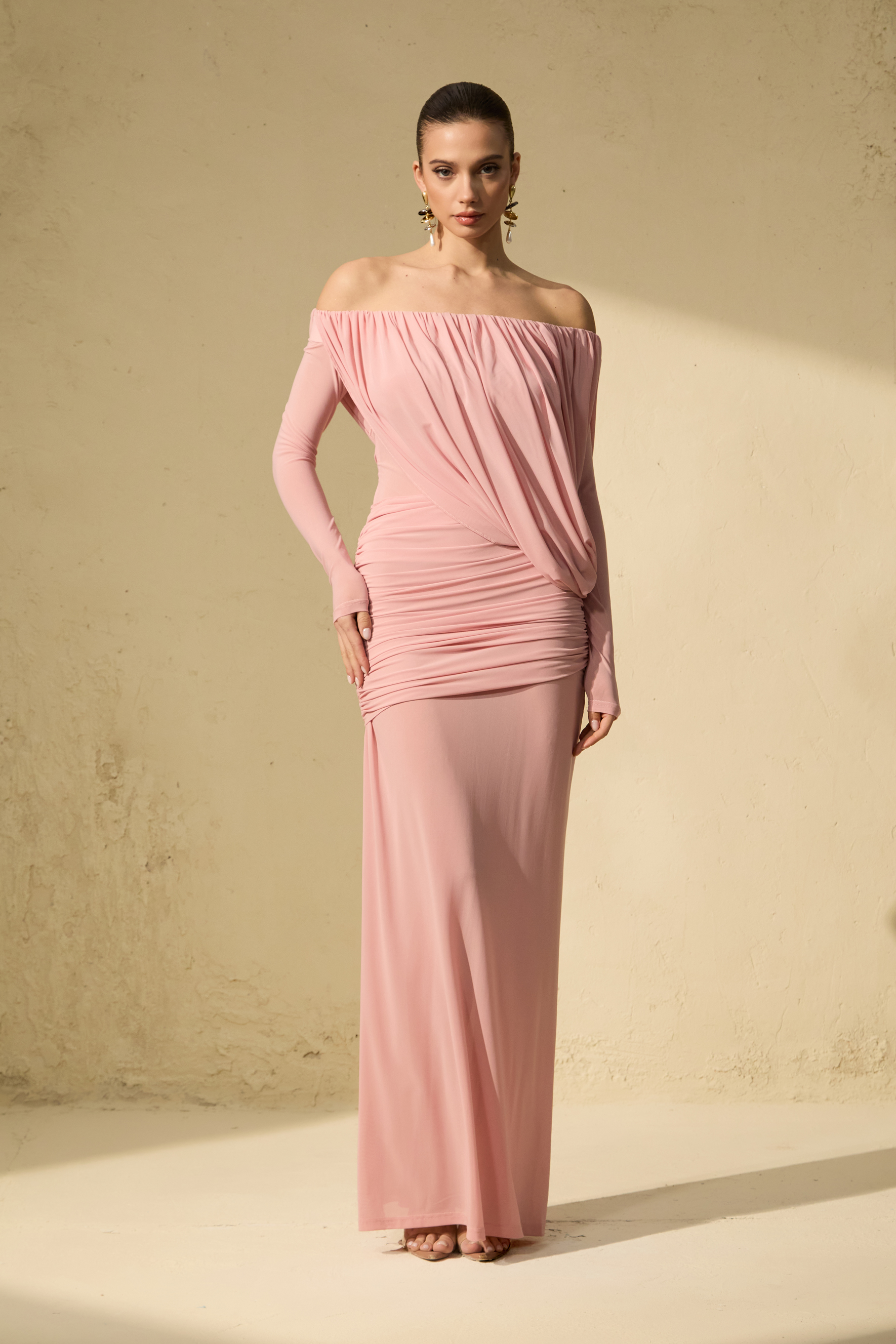 Late Night Kiss Pink Off Shoulder Ruched Bodice Maxi Dress-purelyfable