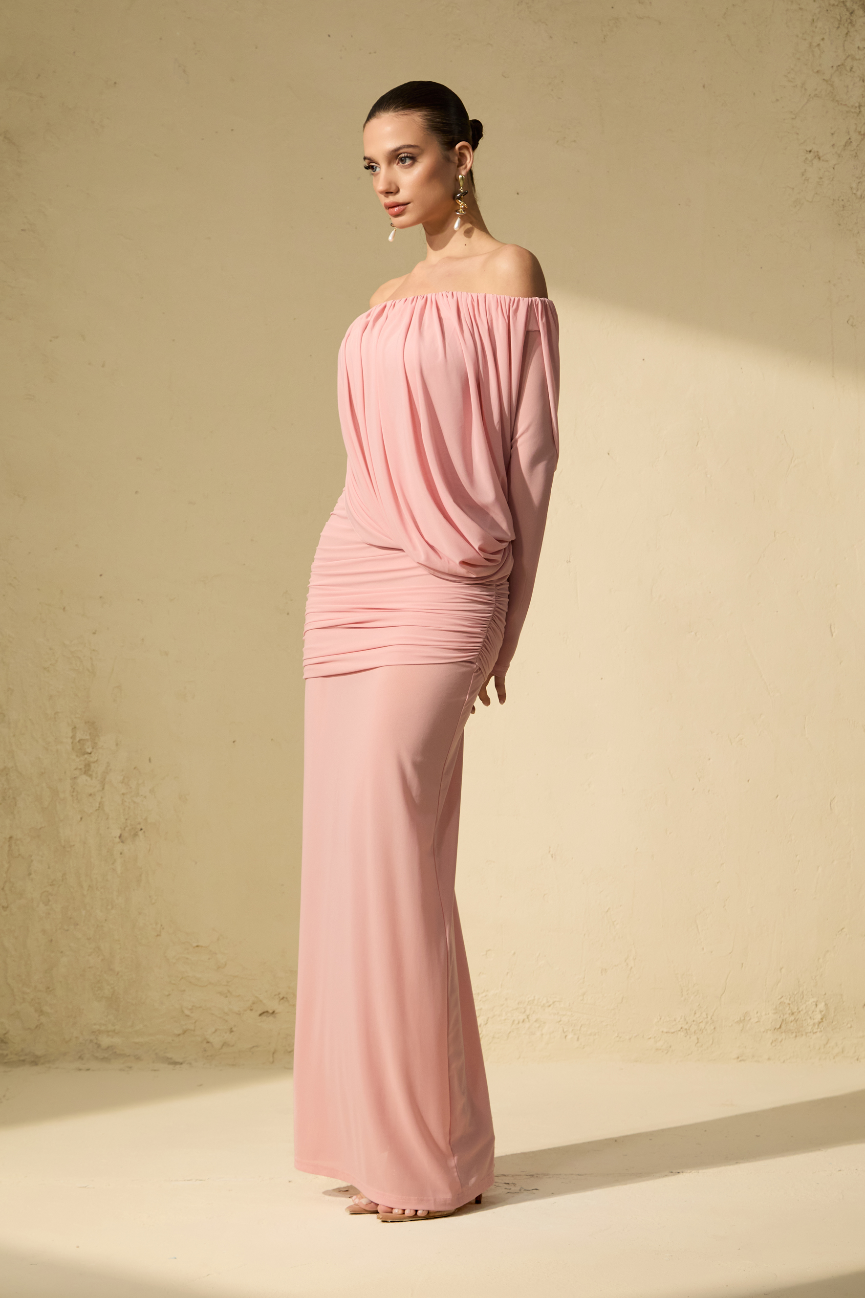Late Night Kiss Pink Off Shoulder Ruched Bodice Maxi Dress-purelyfable