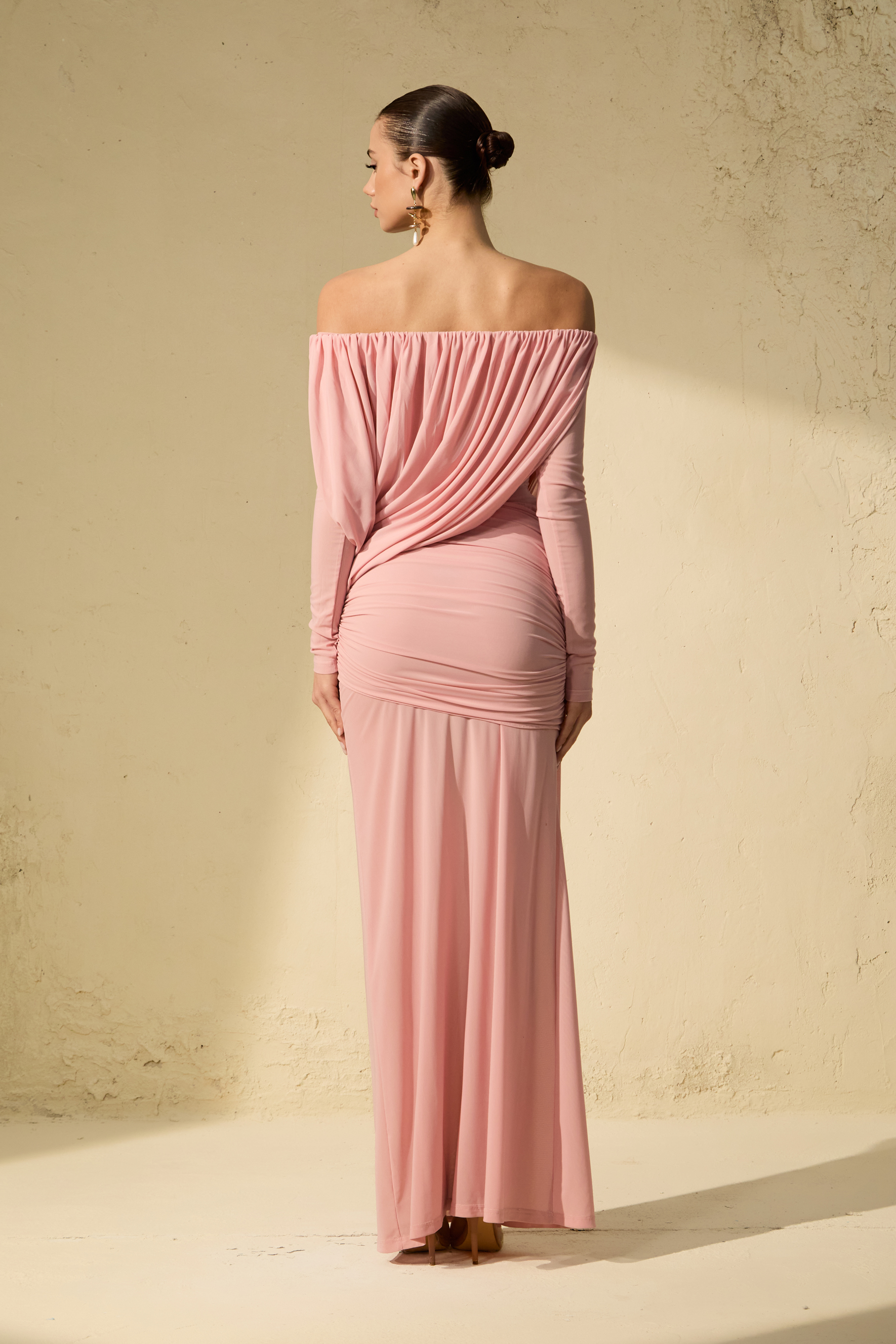 Late Night Kiss Pink Off Shoulder Ruched Bodice Maxi Dress-purelyfable