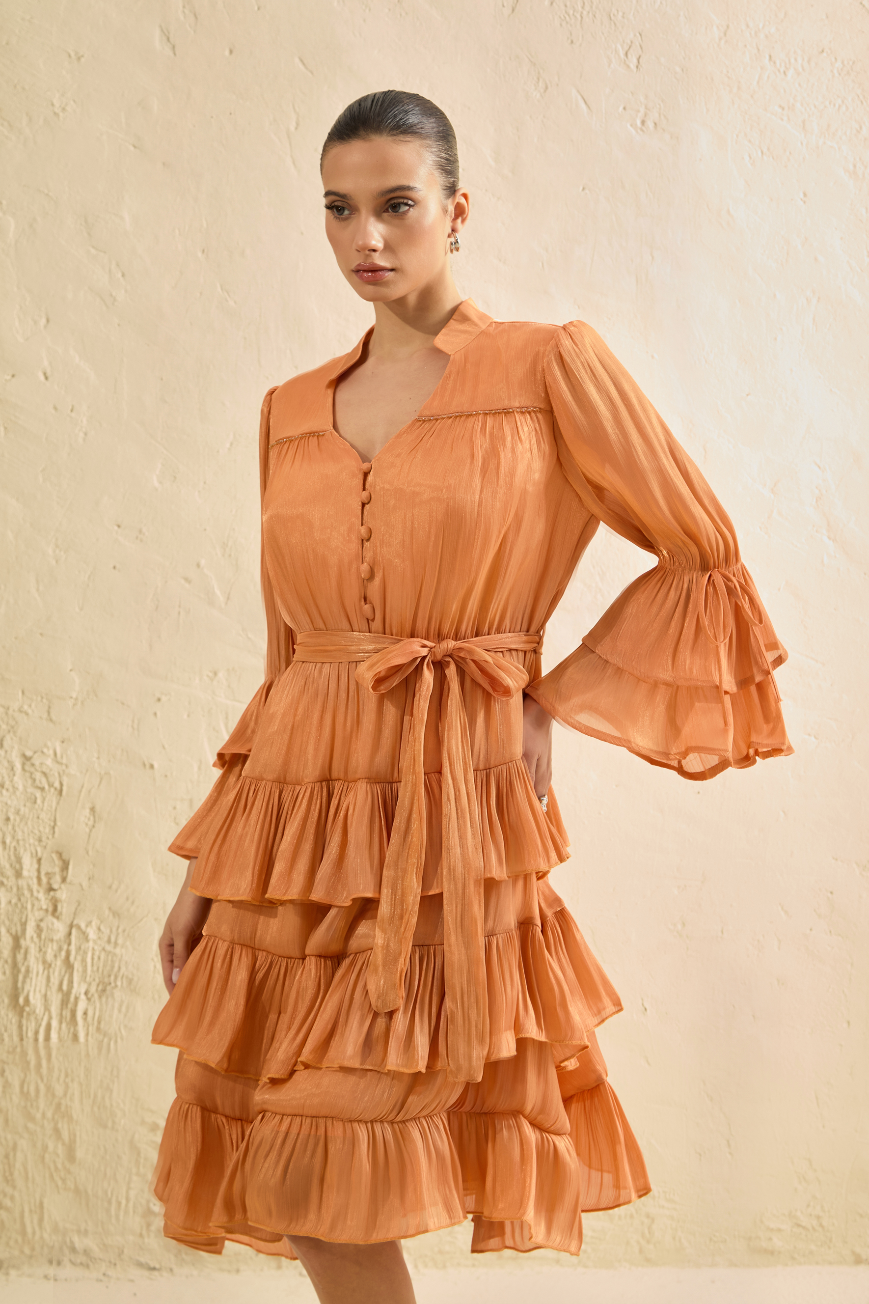 Keep It Interesting Orange V-NeckÂ Tiered Ruffle Midi Dress-purelyfable