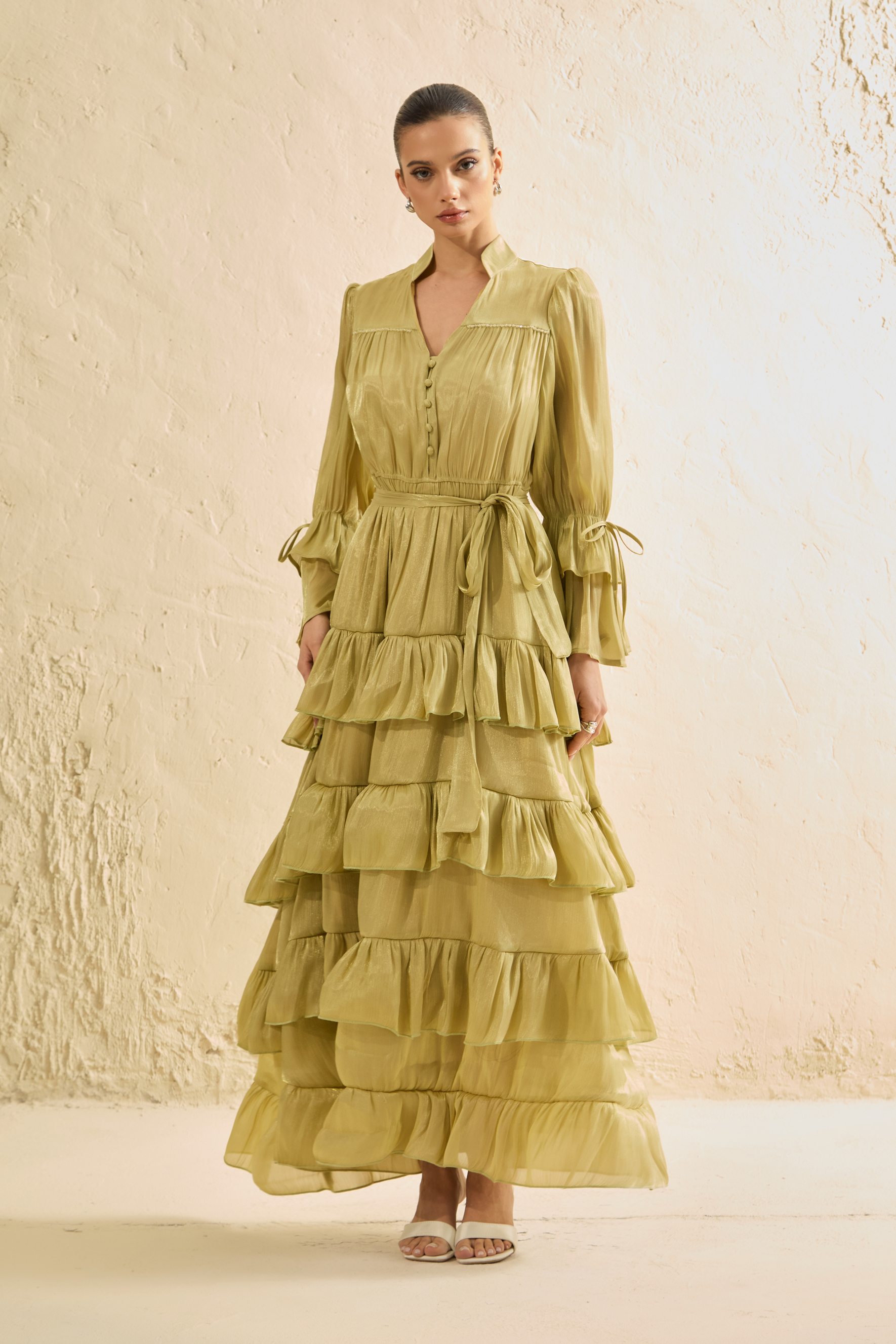 Signature Lady Olive Tiered Ruffle Maxi Dress-purelyfable
