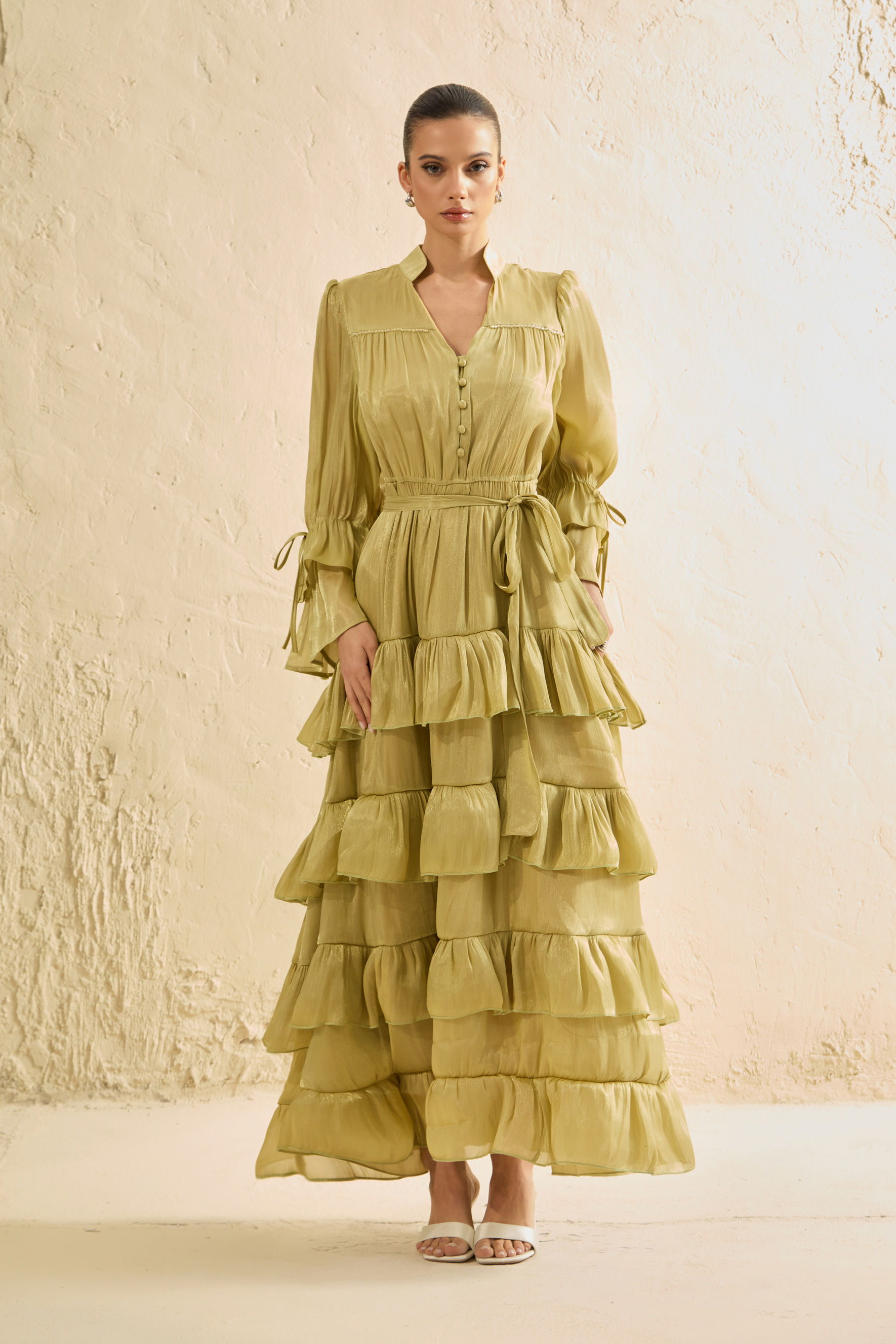 Signature Lady Olive Tiered Ruffle Maxi Dress-purelyfable