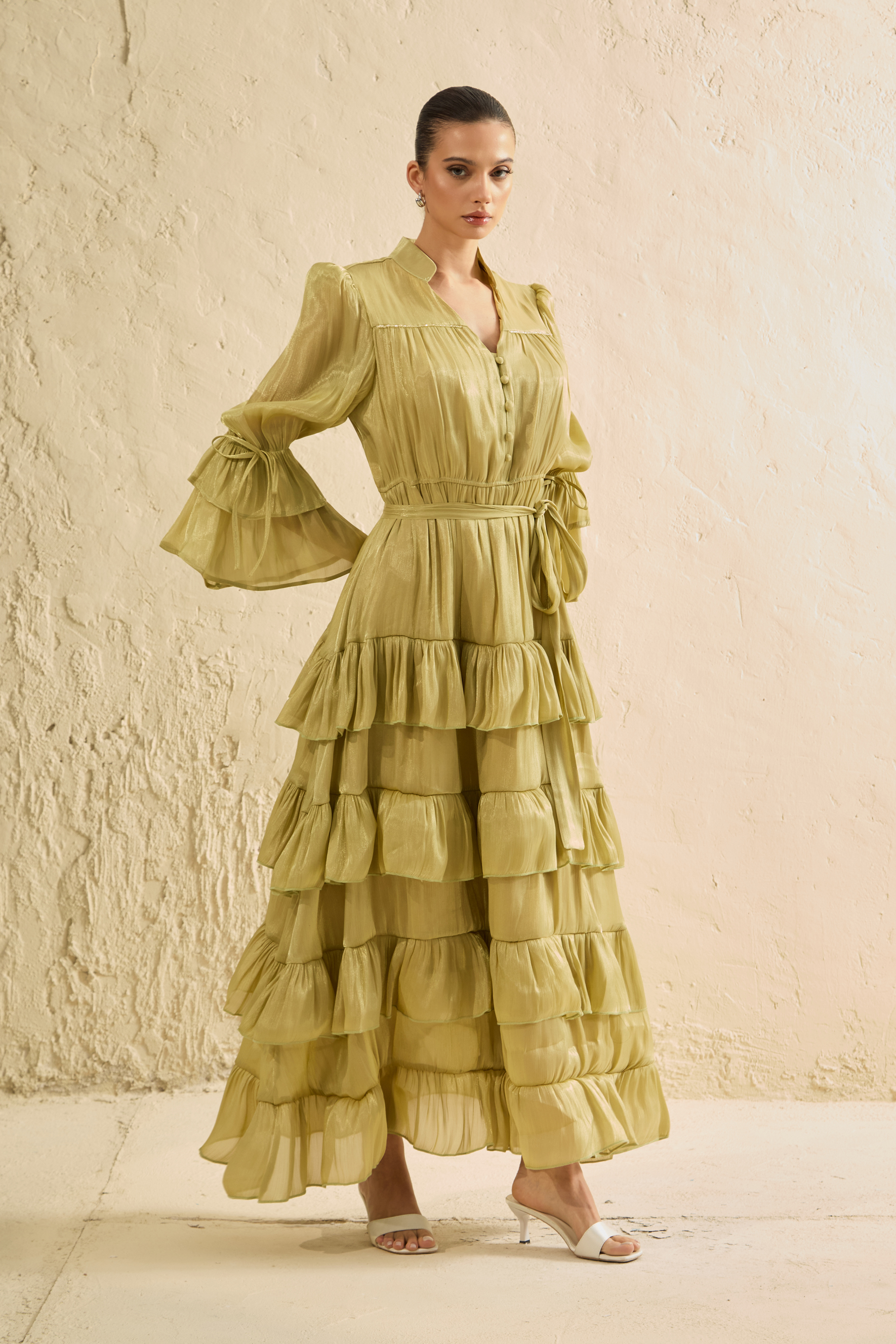 Signature Lady Olive Tiered Ruffle Maxi Dress-purelyfable