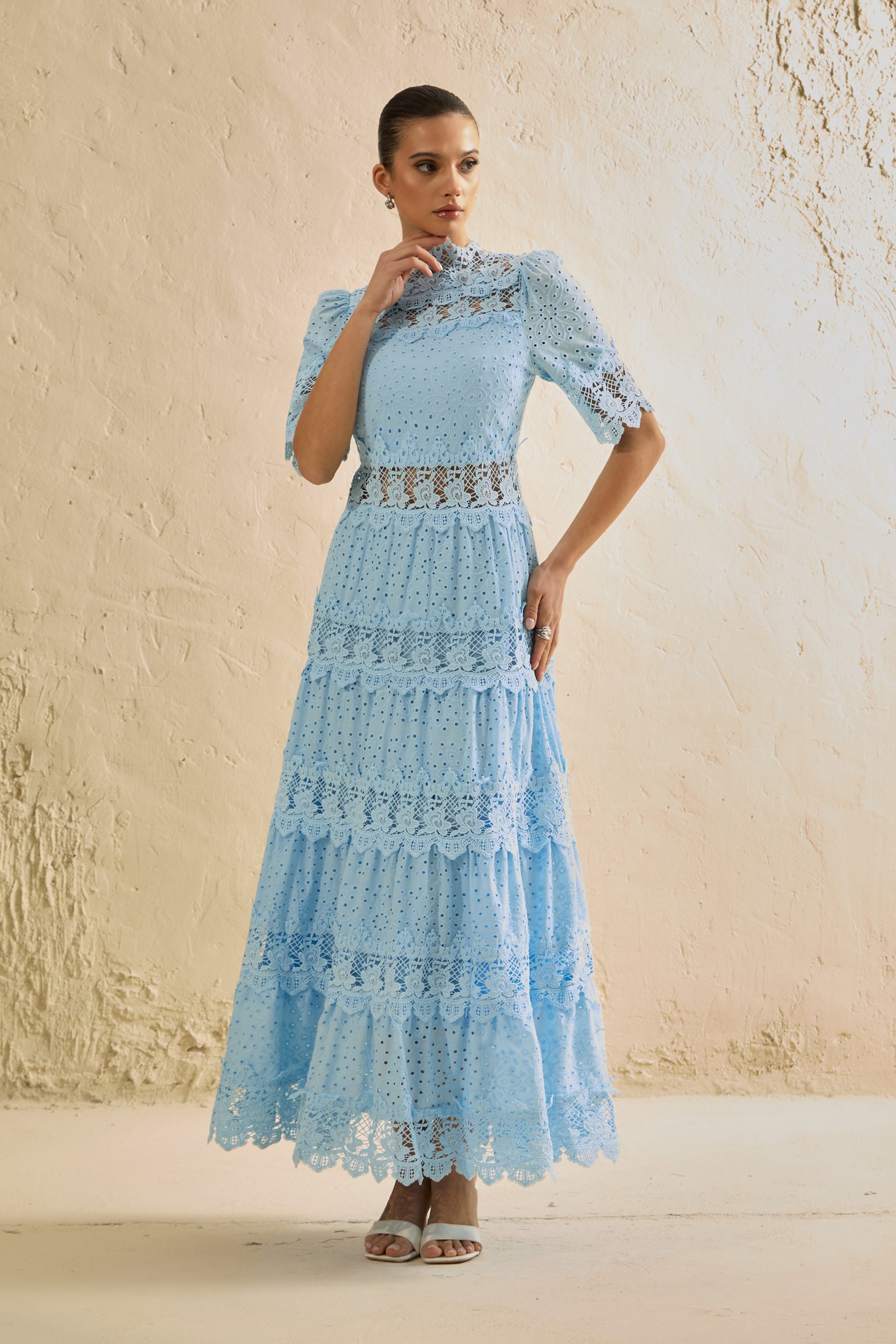Charming Event Blue Eyelet Lace Tiered Maxi Dress-purelyfable