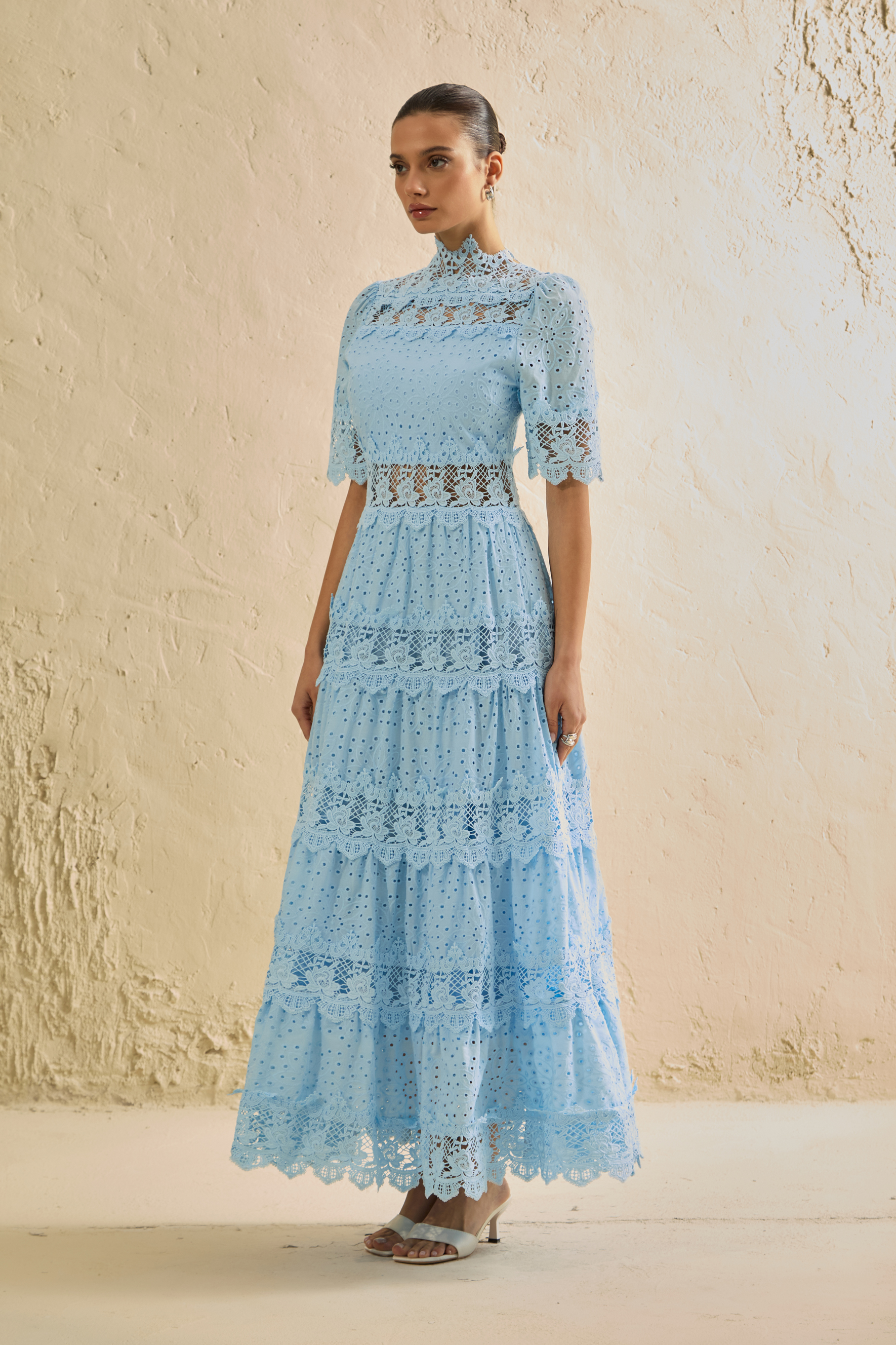 Charming Event Blue Eyelet Lace Tiered Maxi Dress-purelyfable