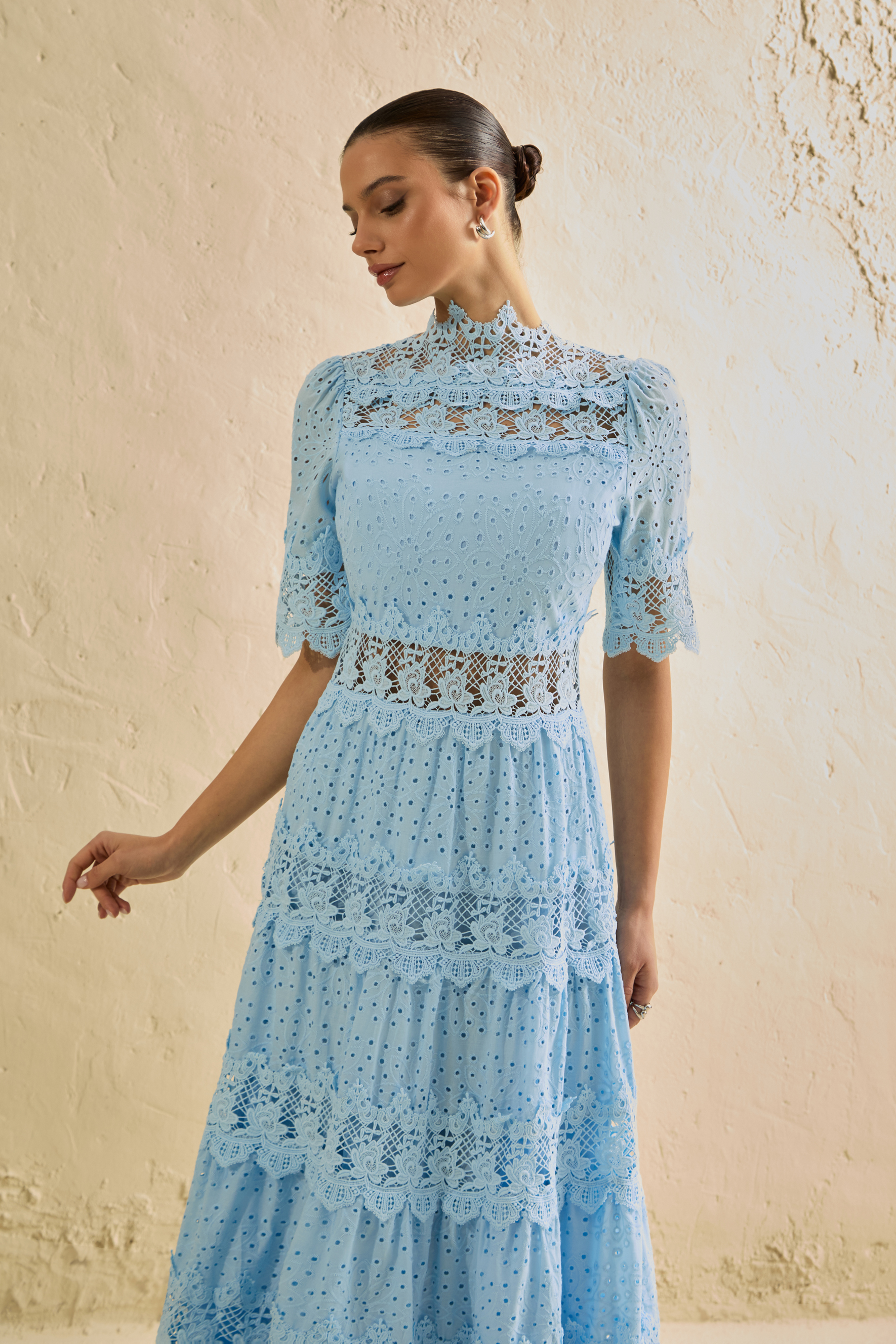 Charming Event Blue Eyelet Lace Tiered Maxi Dress-purelyfable