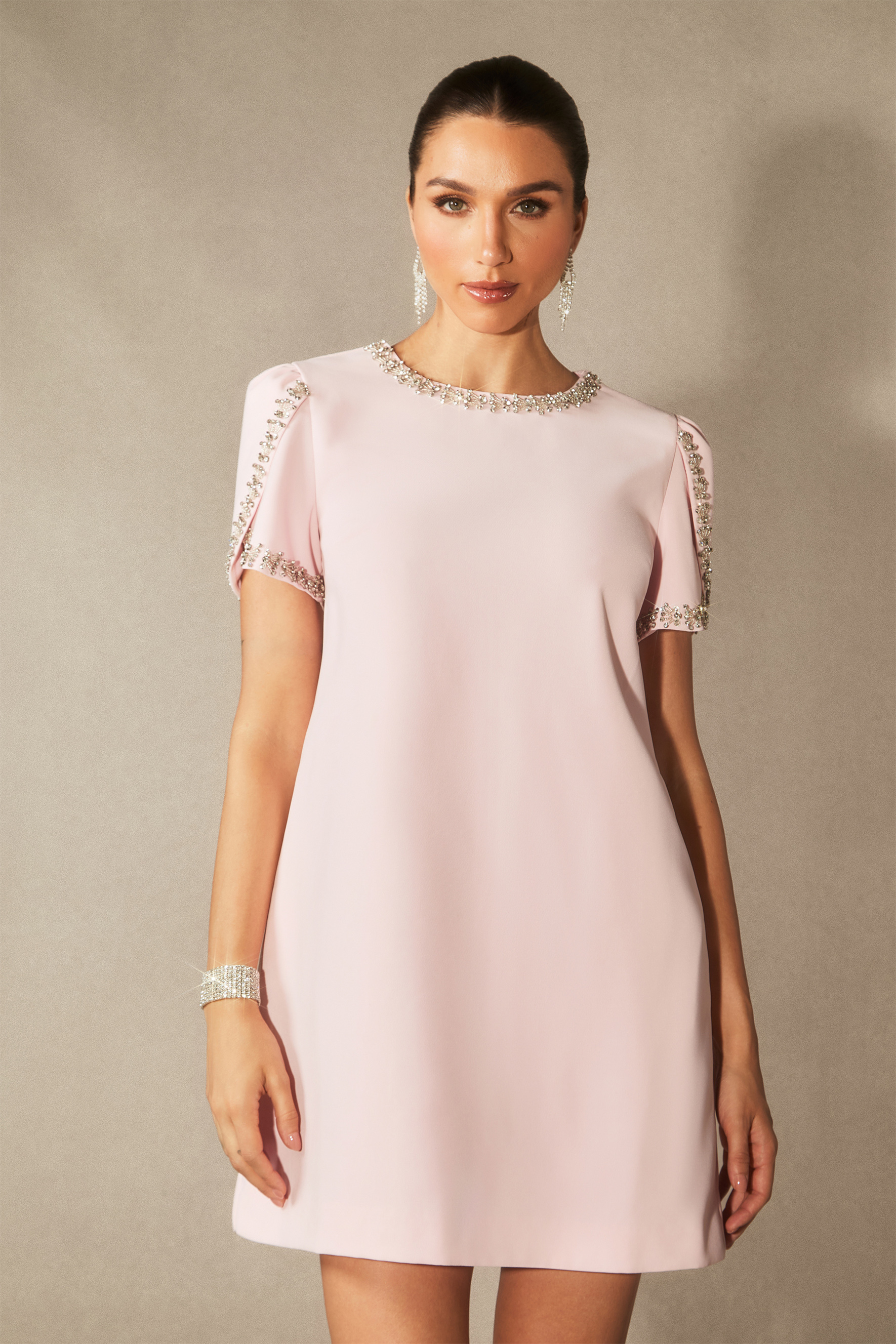 Isabelle Crystal Embellished Short Sleeve Mini Dress-purelyfable
