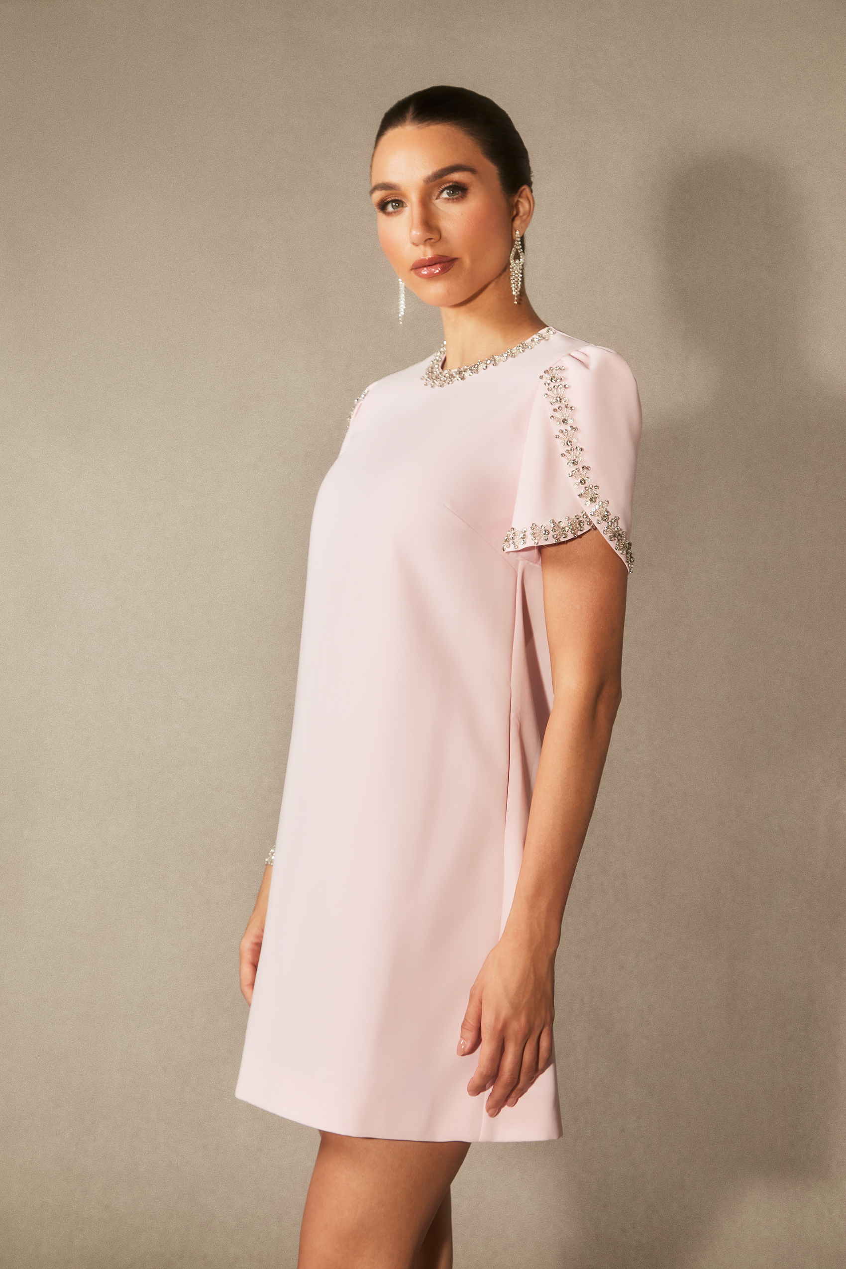 Isabelle Crystal Embellished Short Sleeve Mini Dress-purelyfable