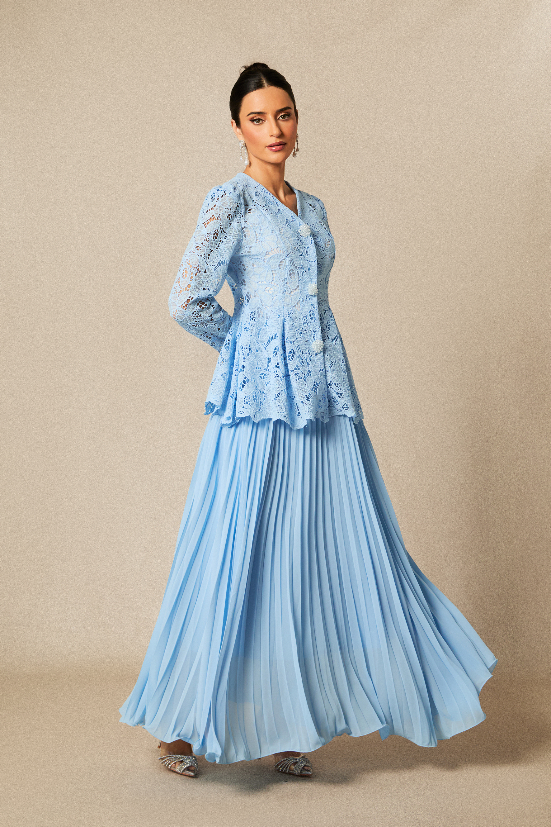 Ariella Floral Embroidered Lace Top & Pleated Maxi Skirt Set-purelyfable