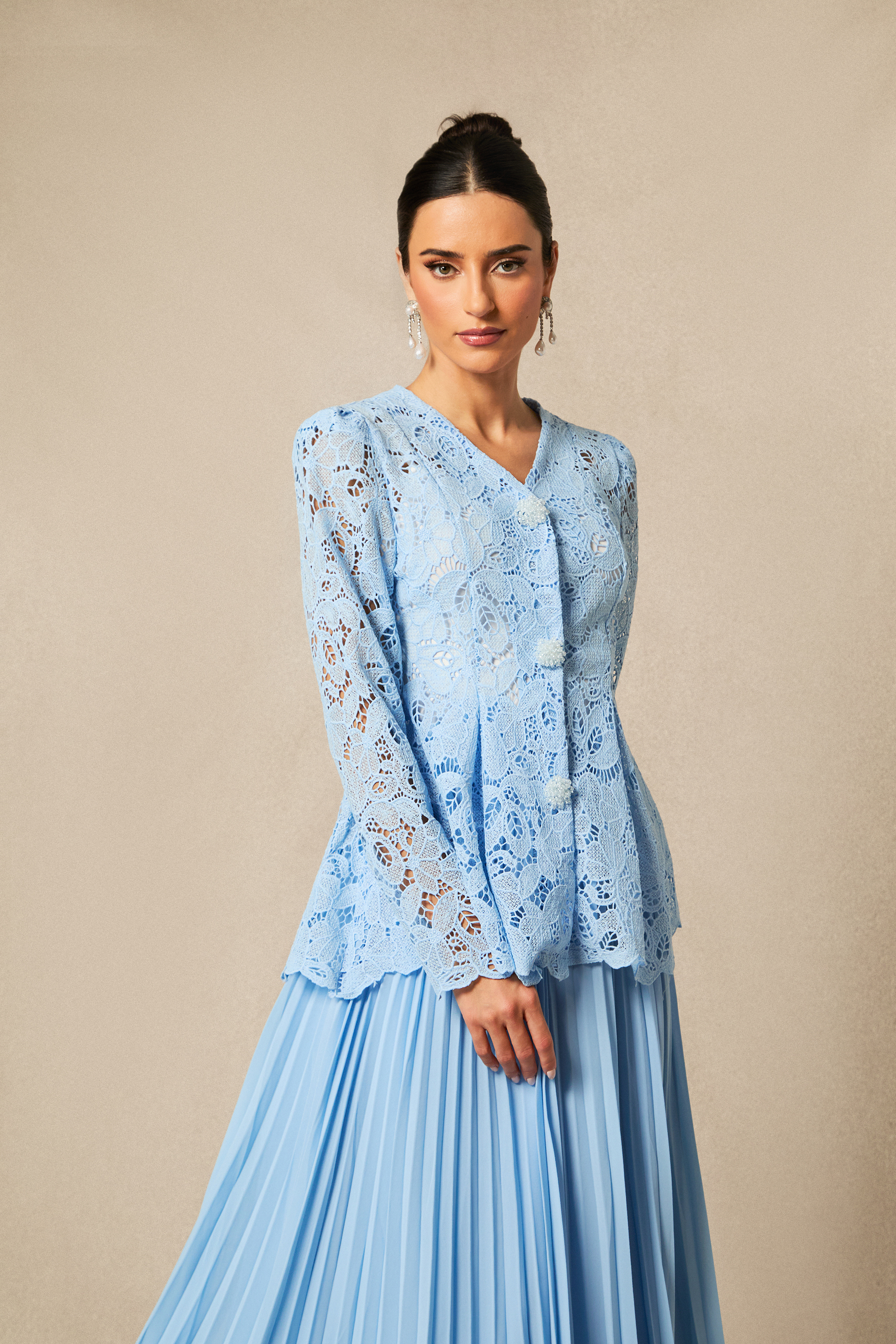 Ariella Floral Embroidered Lace Top & Pleated Maxi Skirt Set-purelyfable
