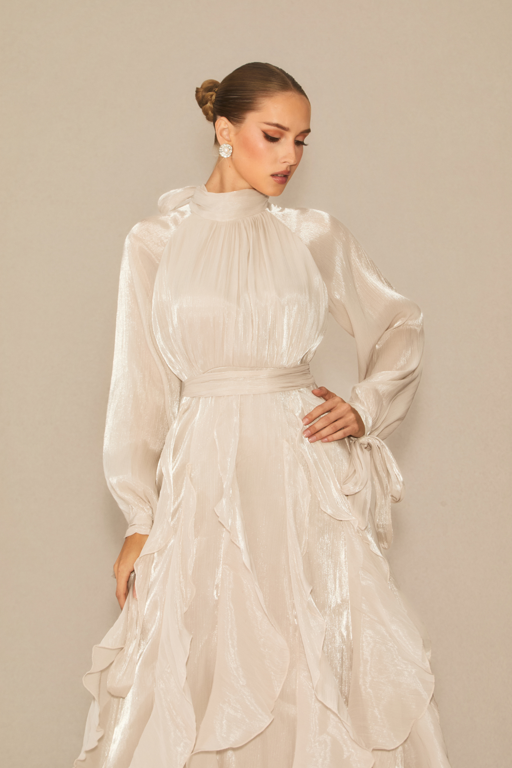 Estella Puff Sleeve Ruffle Trim Maxi Dress-purelyfable