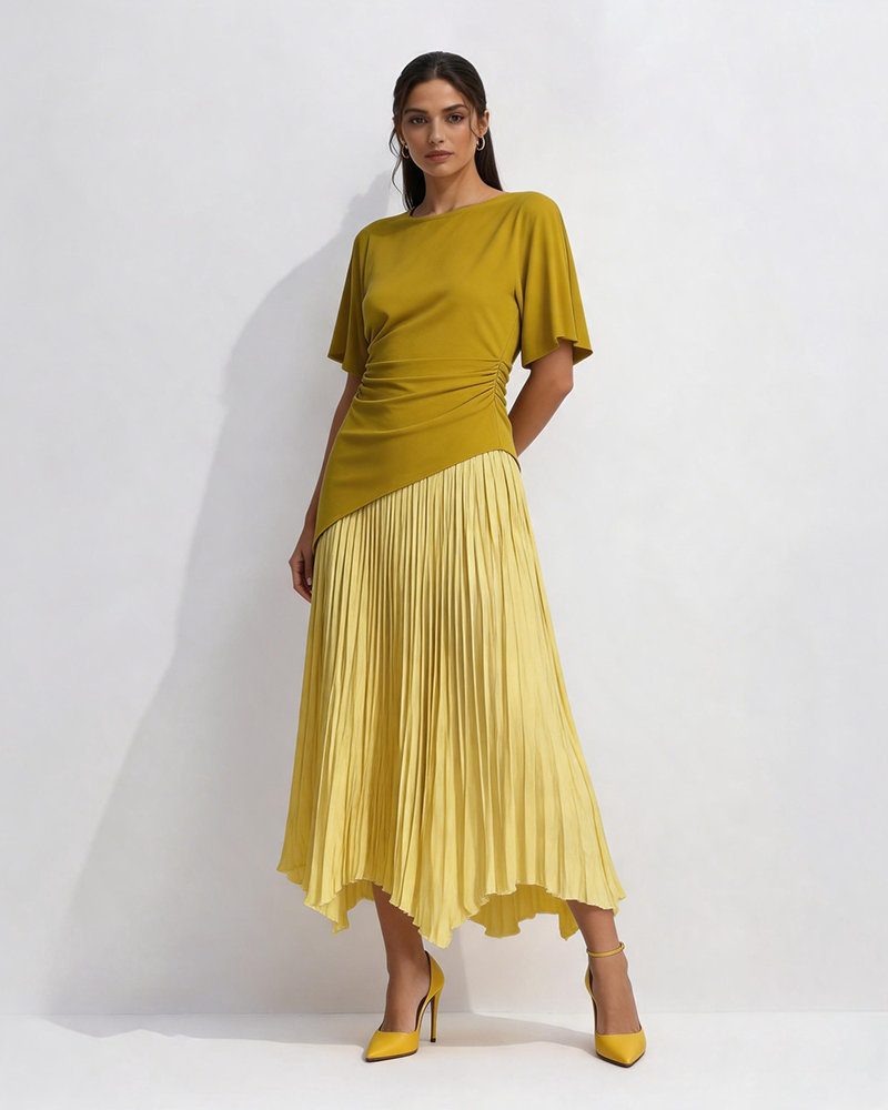 Elira Yellow Asymmetric Pleated Top and Pleated Skirt Two-piece Set