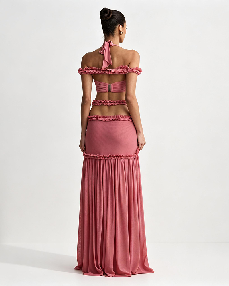 Alessandra Pink Halter Top and Pleated Skirt Two-piece Set